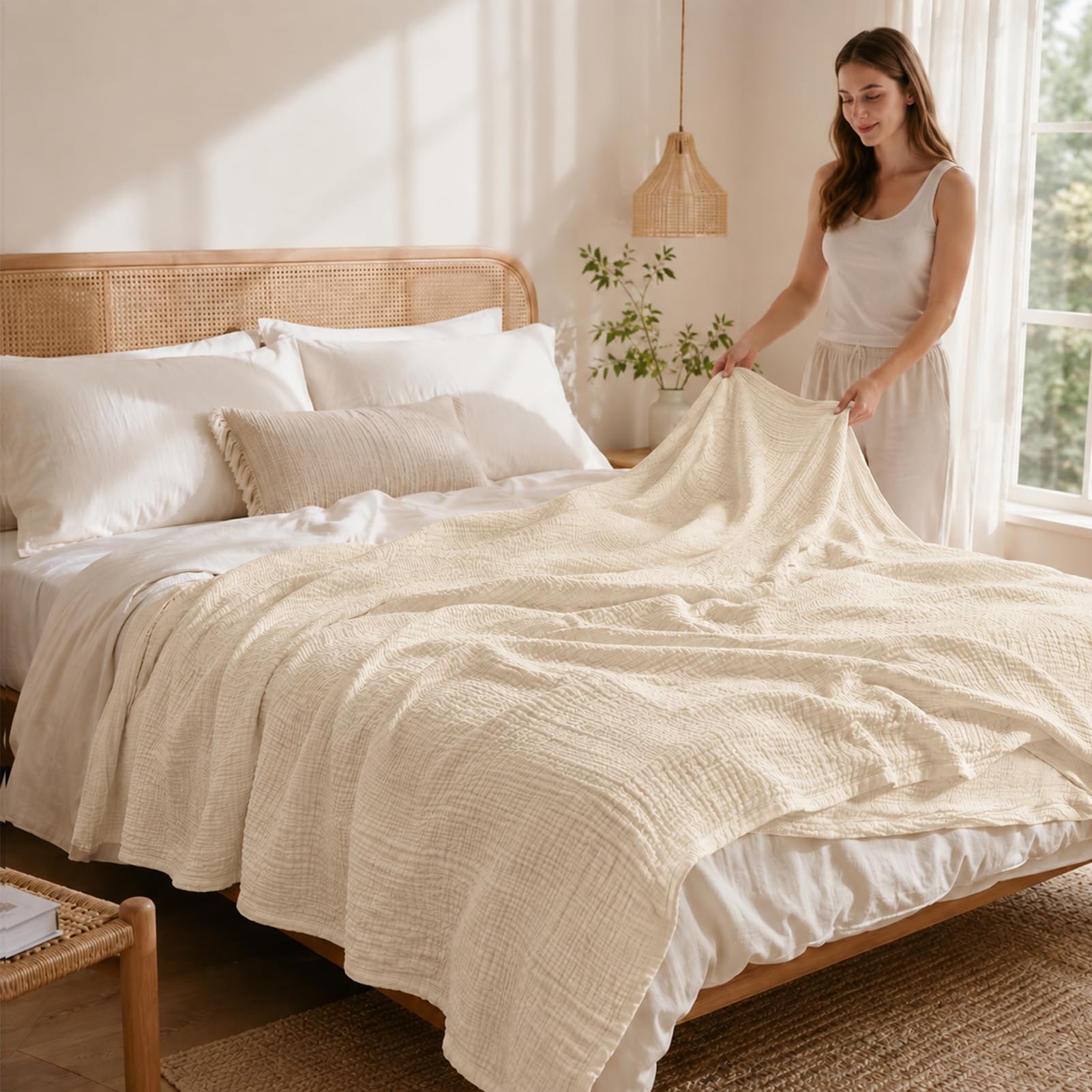 Coperta in mussola, 150 x 200 cm, 6 strati, in 100% cotone, prelavata, morbida e traspirante, leggera coperta estiva per letto e divano (beige chiaro)