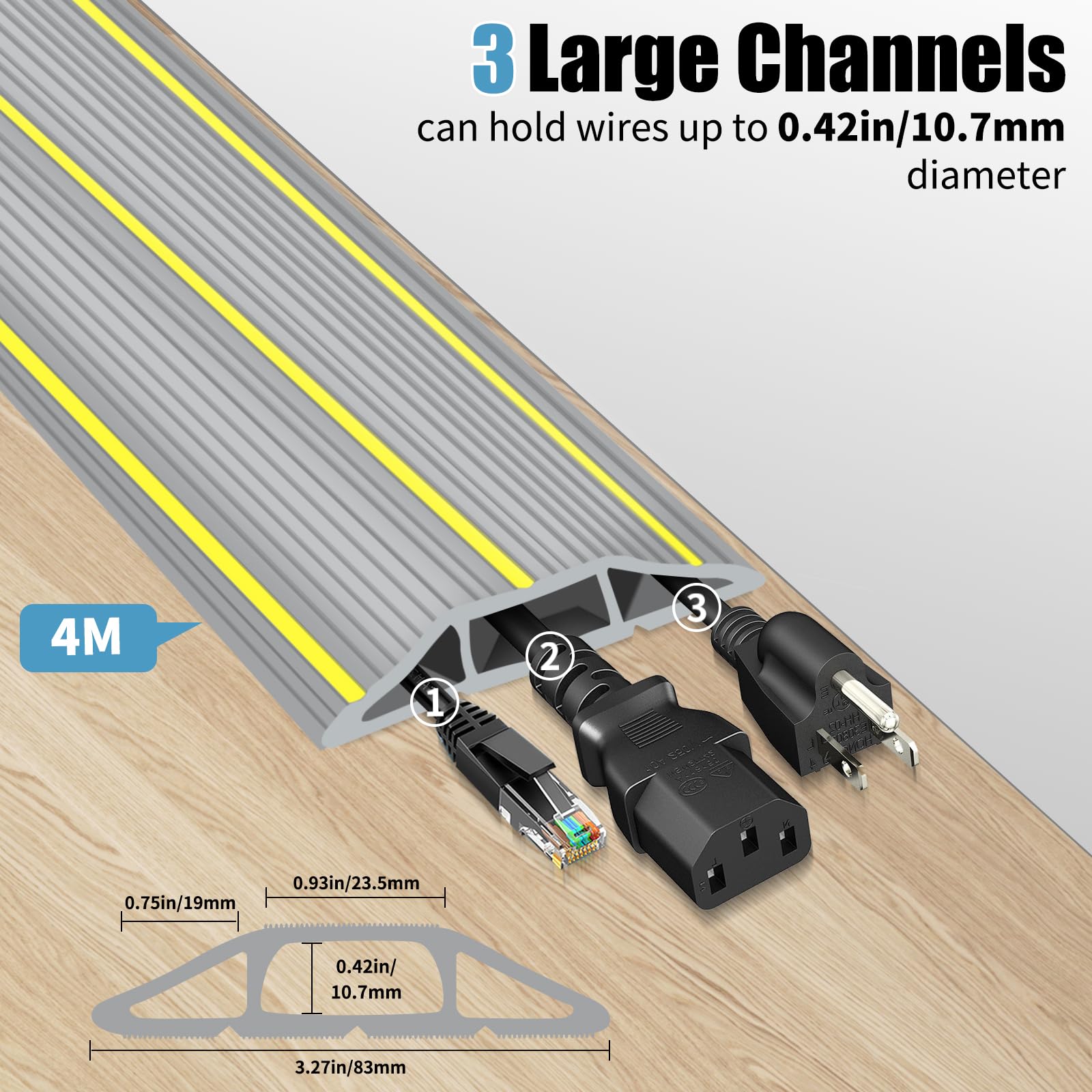 Cubierta de cable para exteriores, protector de cable de suelo de 4 m, cubierta de suelo de PVC resistente con 3 canales de cable, alfombrilla de alambre para gestión de cables de pavimento de garaje