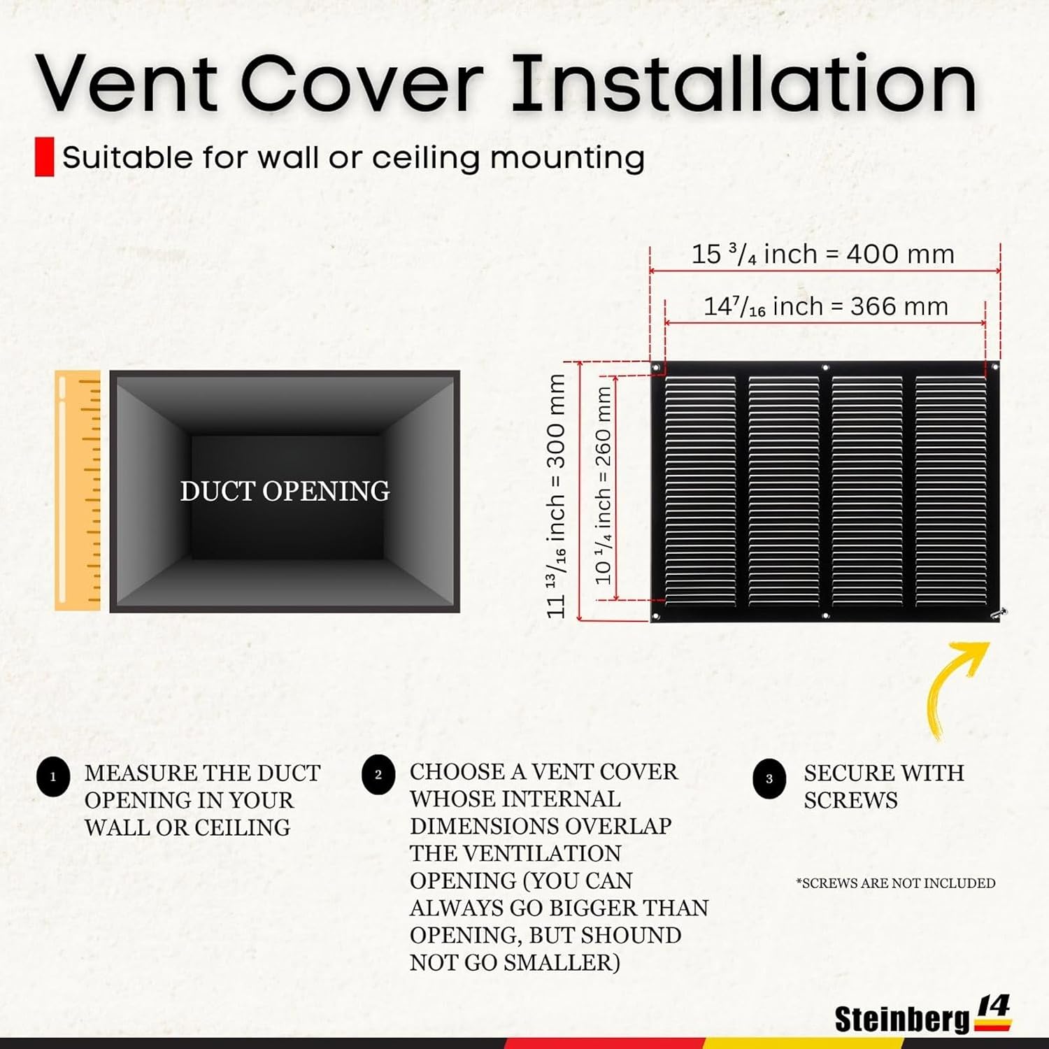 Steinberg14 Black Vent Cover 14x10 (Duct Opening) with Mesh - Wall and Ceiling Ventilation Register - HVAC Cold Air Return Grille - 15.75"W x 11.81"H Outer Dimensions