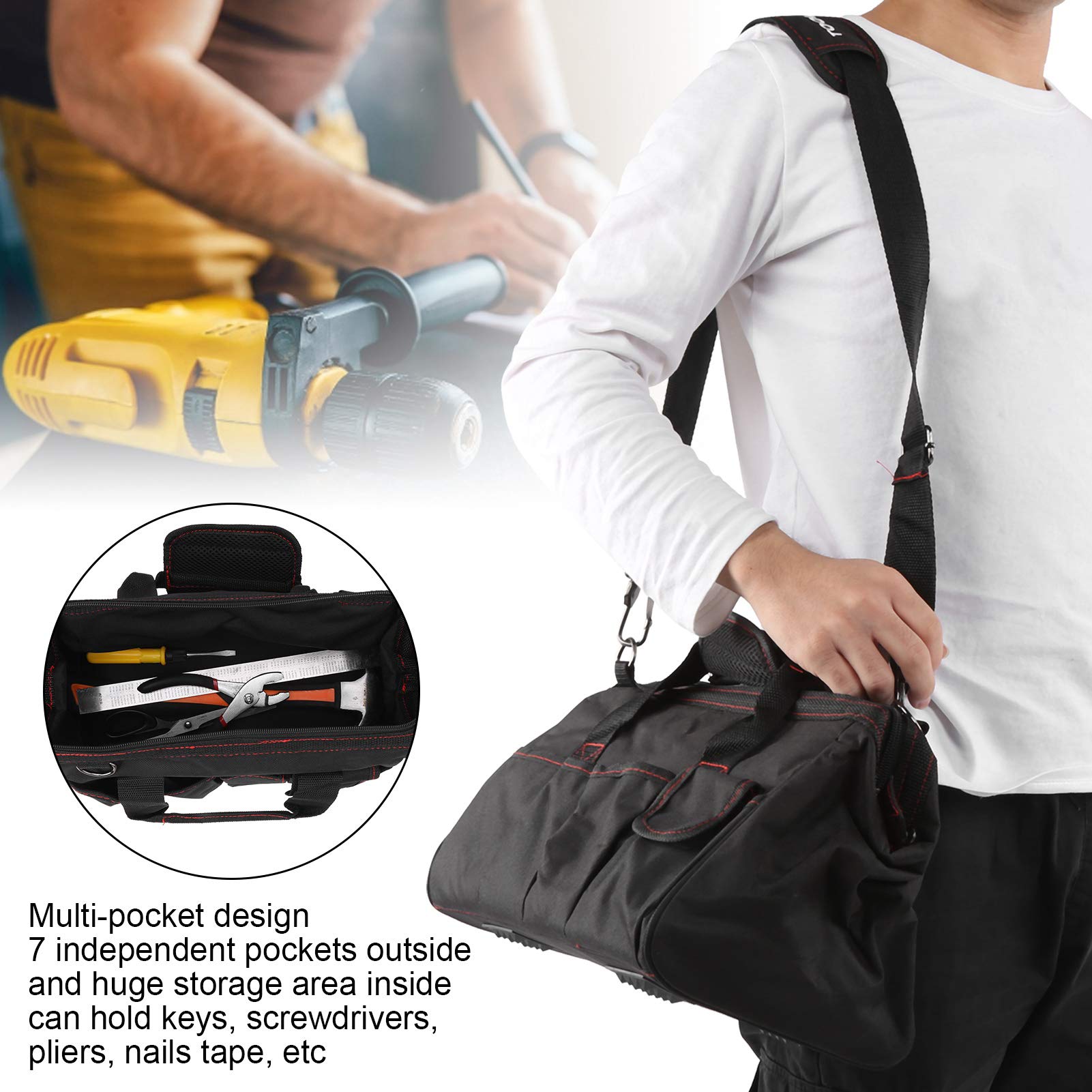 Bolsa de herramientas para electricista de 35,5 cm, con múltiples bolsillos para llaves, destornilladores y accesorios, bolsa de trabajo para profesionales y entusiastas del bricolaje