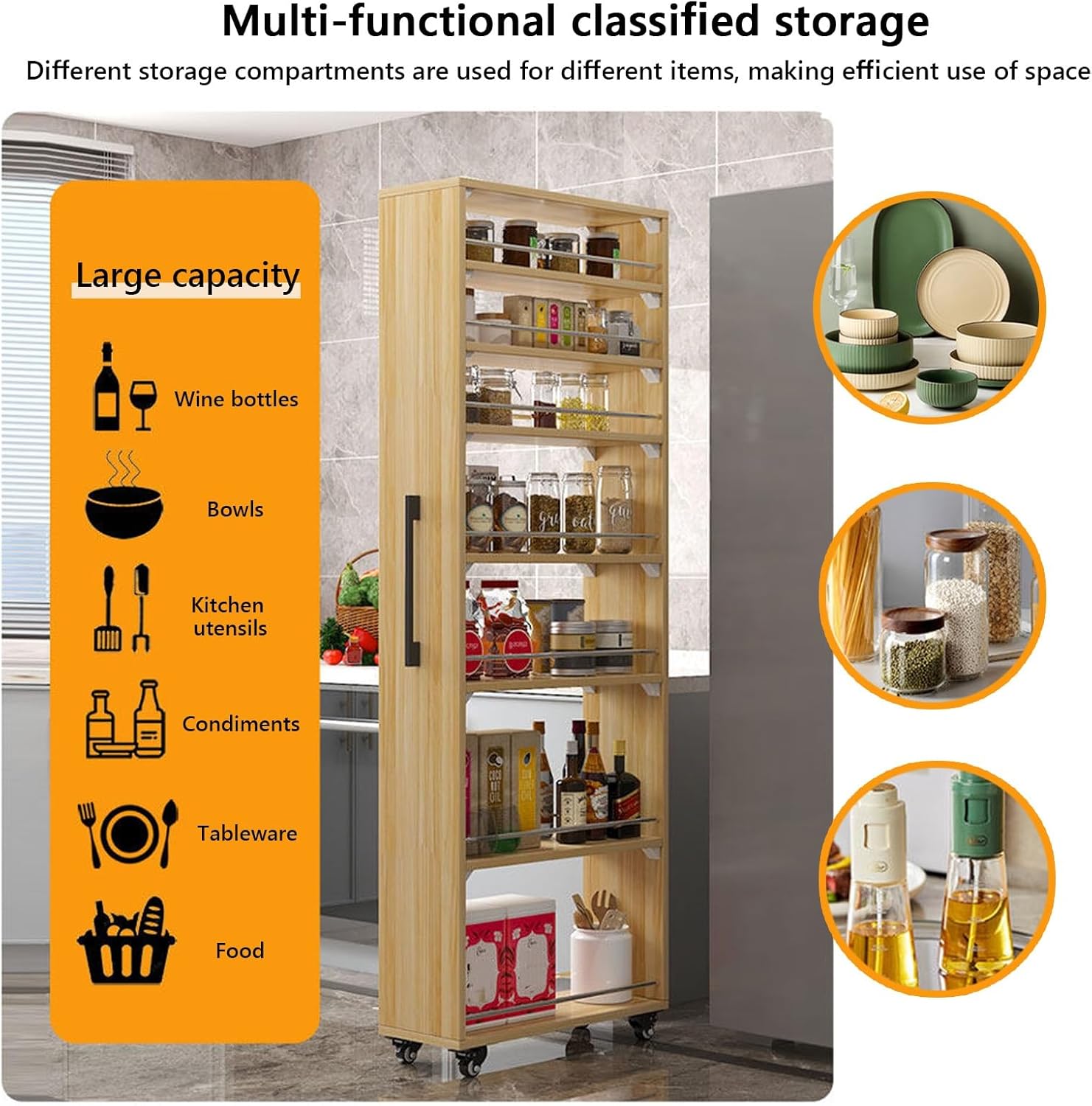 7-Tier Slim Storage Cart with Metal Handle, 5.9''/7.8''/9.85.9'' Wide Narrow Rolling Utility Cart, Mobile Shelving Unit Organizer for Kitchen Laundry Room(Teak,9.8x21.6x72.4in)