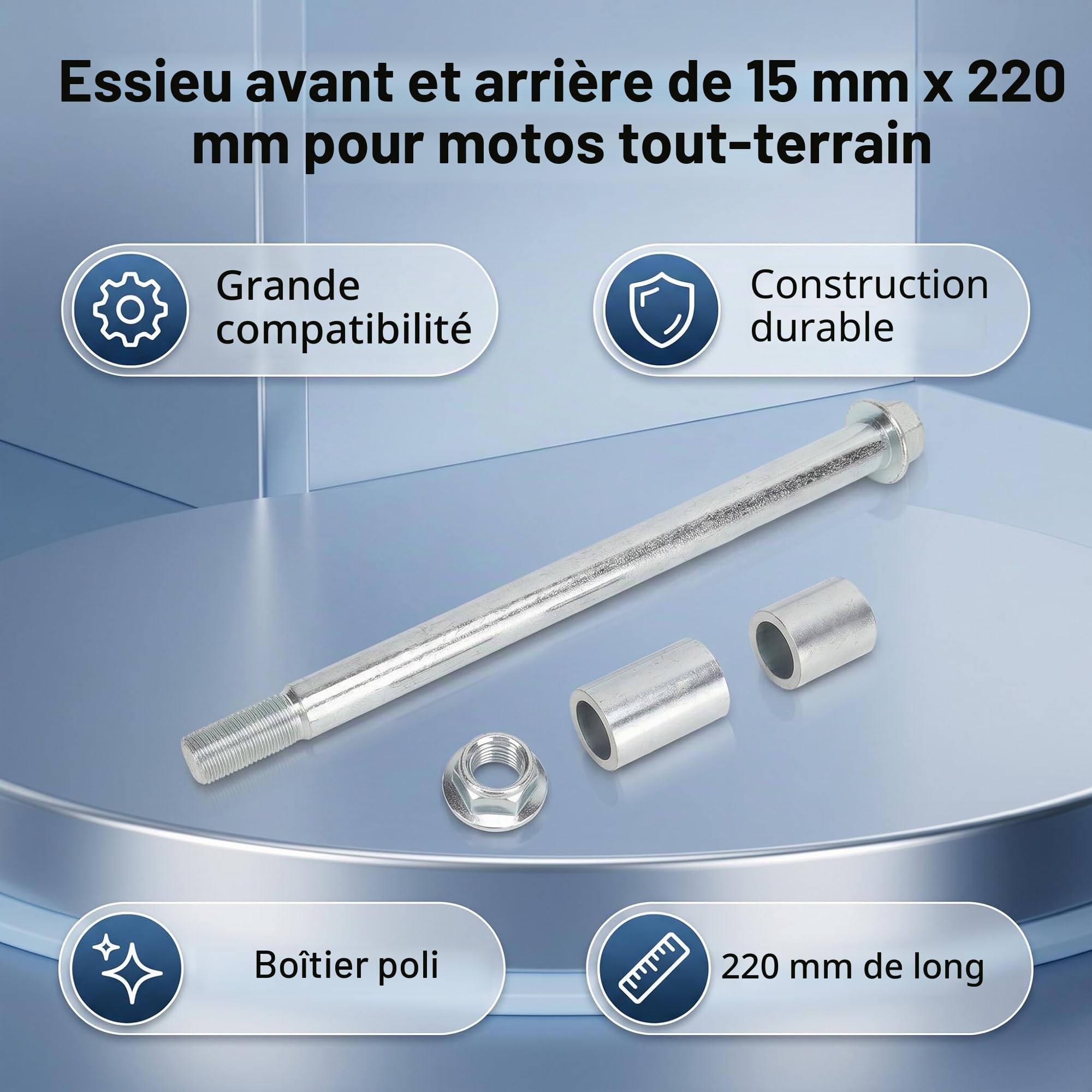 Aramox Essieu Avant Arrière Tout-Terrain, 220 mm avec Bagues, Compatible avec Pit Pro Trail Dirt Bike, Boîtier Poli, 15 mm