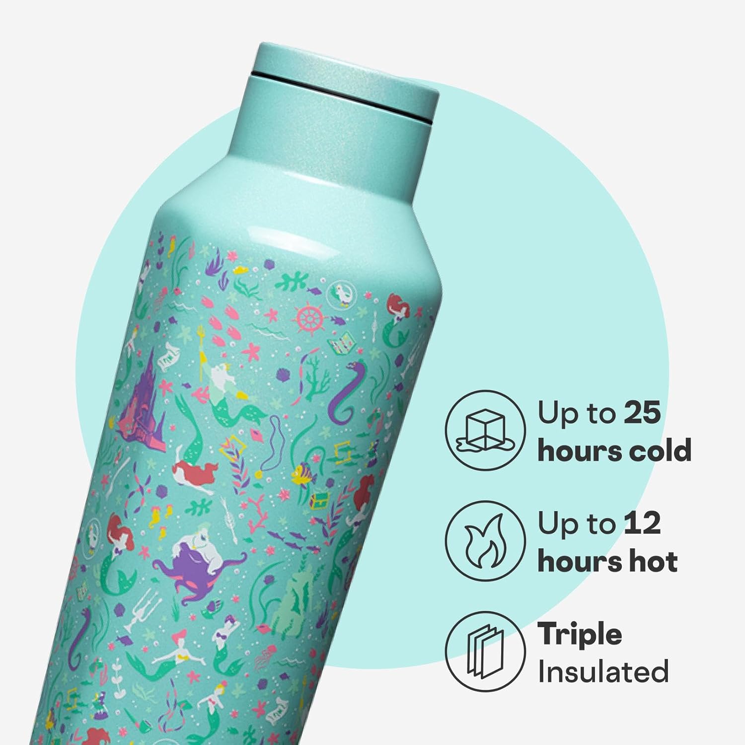 Corkcicle Disney Princess Sport Canteen - Keeps Drinks Cold for 25 Hours - Triple-Insulated Stainless Steel - Screw-On Cap - Summer Drinkware Gift - 20 oz - Ariel - Image 3