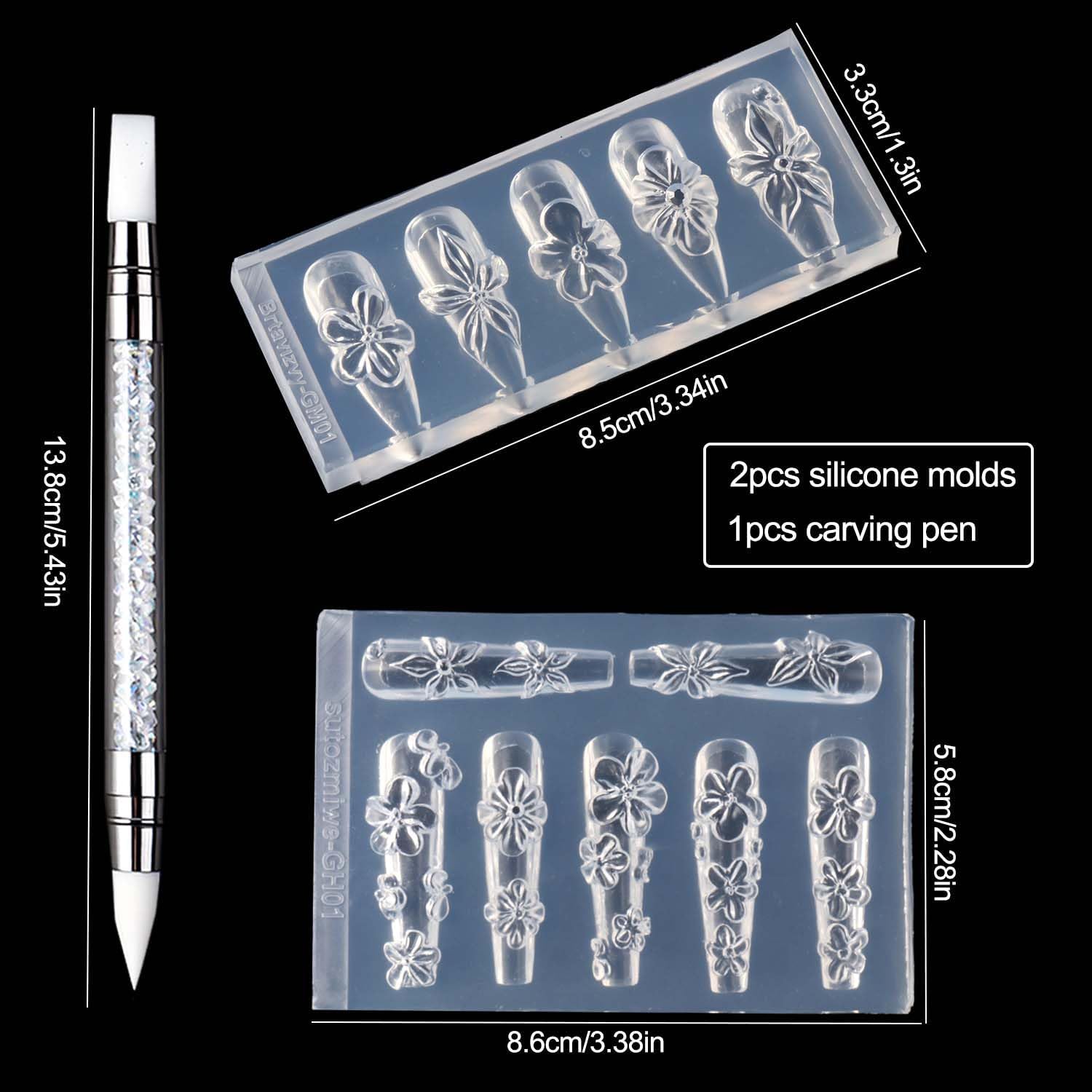 2PCS Silicone Nail Art Molds, Spring Summer Flower Nail Charms Molds Sakura Lily Floral Design Clear Modeling Templates Silicone Nail Tools with Carving Pen for Salon Nails Design