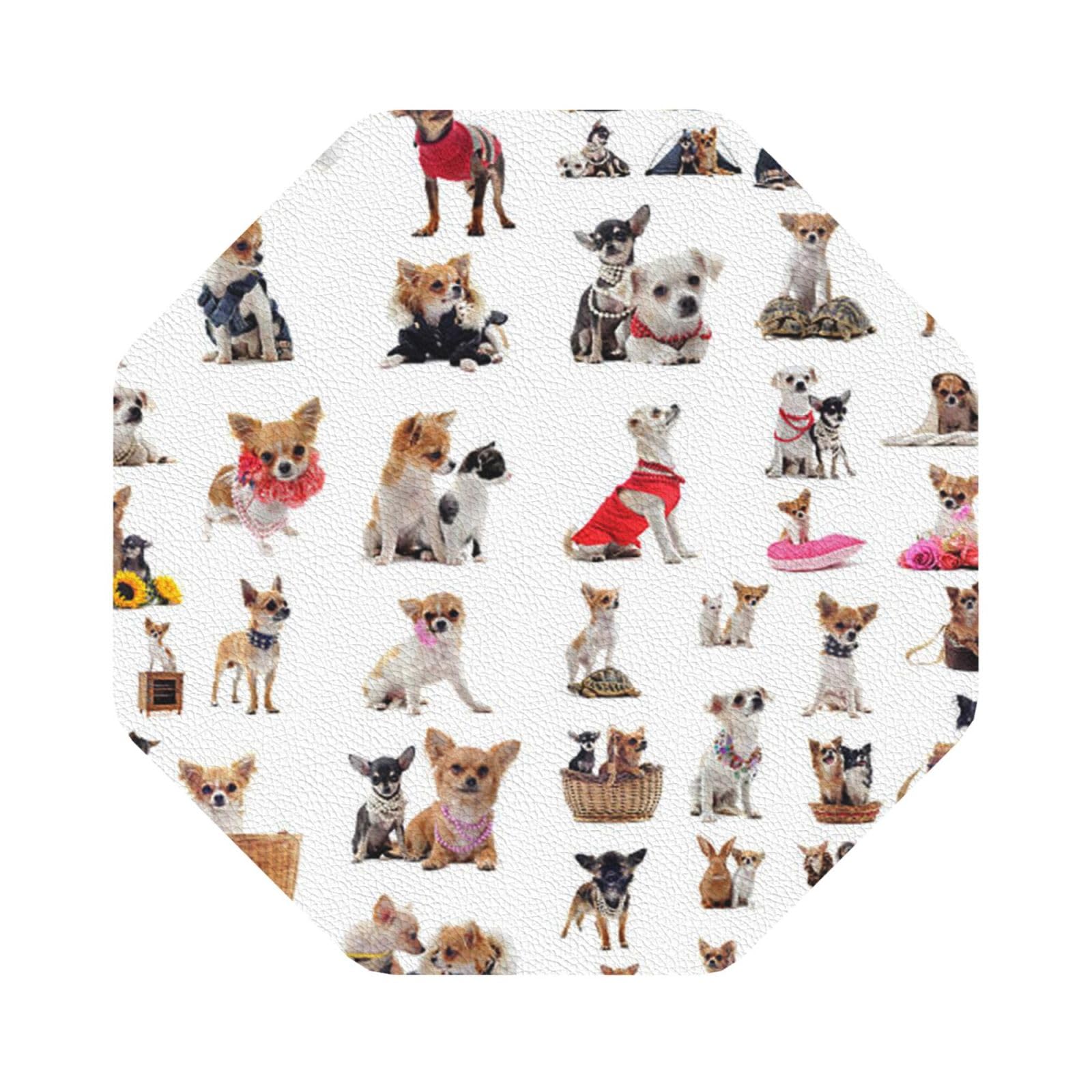 Cute Chihuahua Pug Pattern PU Leather Coasters Set of 6 Octagon Drink Coasters