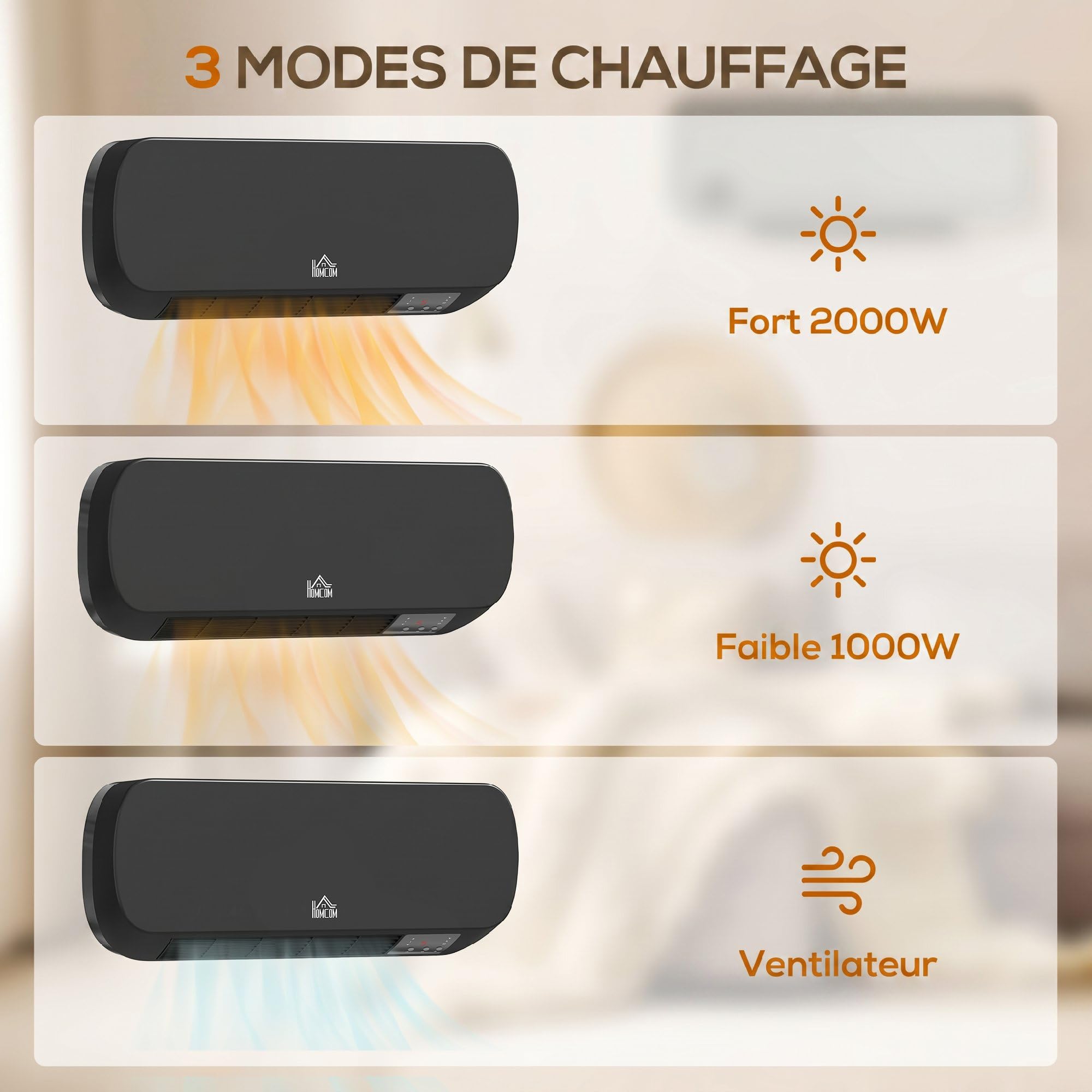 HOMCOM Radiateur Mural Soufflant 2000 W Chauffage Céramique PTC Noir