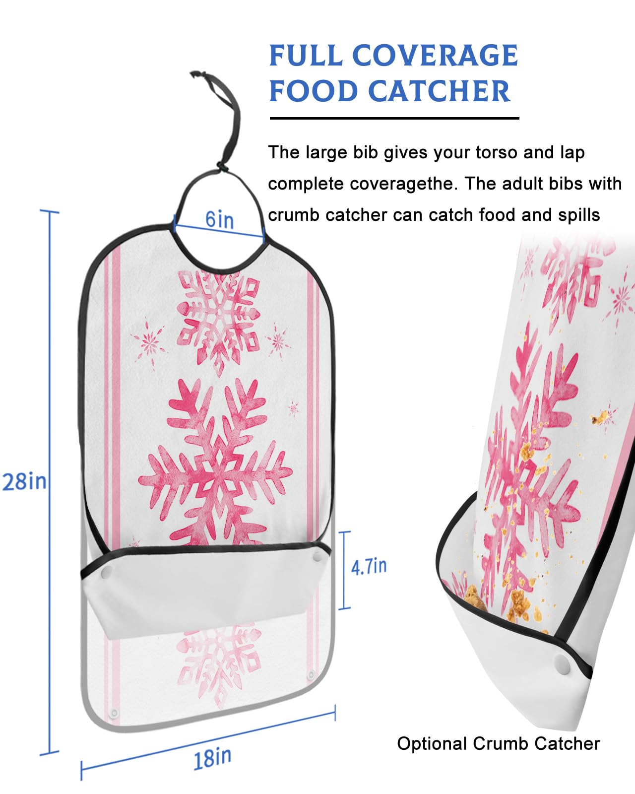 Adult Bibs for Elderly Women - Pink Snowflake Christmas Waterproof Dining Clothing Protectors with Crumb Catcher for Eating/Feeding, Xmas Winter Snowflake Pink Striped Terry Cloth Bib Machine Washable