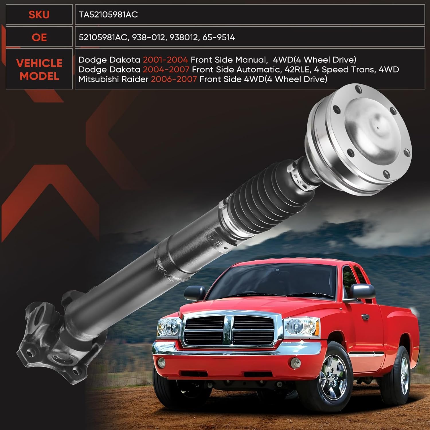 938-012 Drive Shaft - Front Driveshaft Propeller Drive Shaft Assembly Compatible with 2001-2007 Dakota 2001-2003 Durango 2006-2007 Mitsubishi Raider