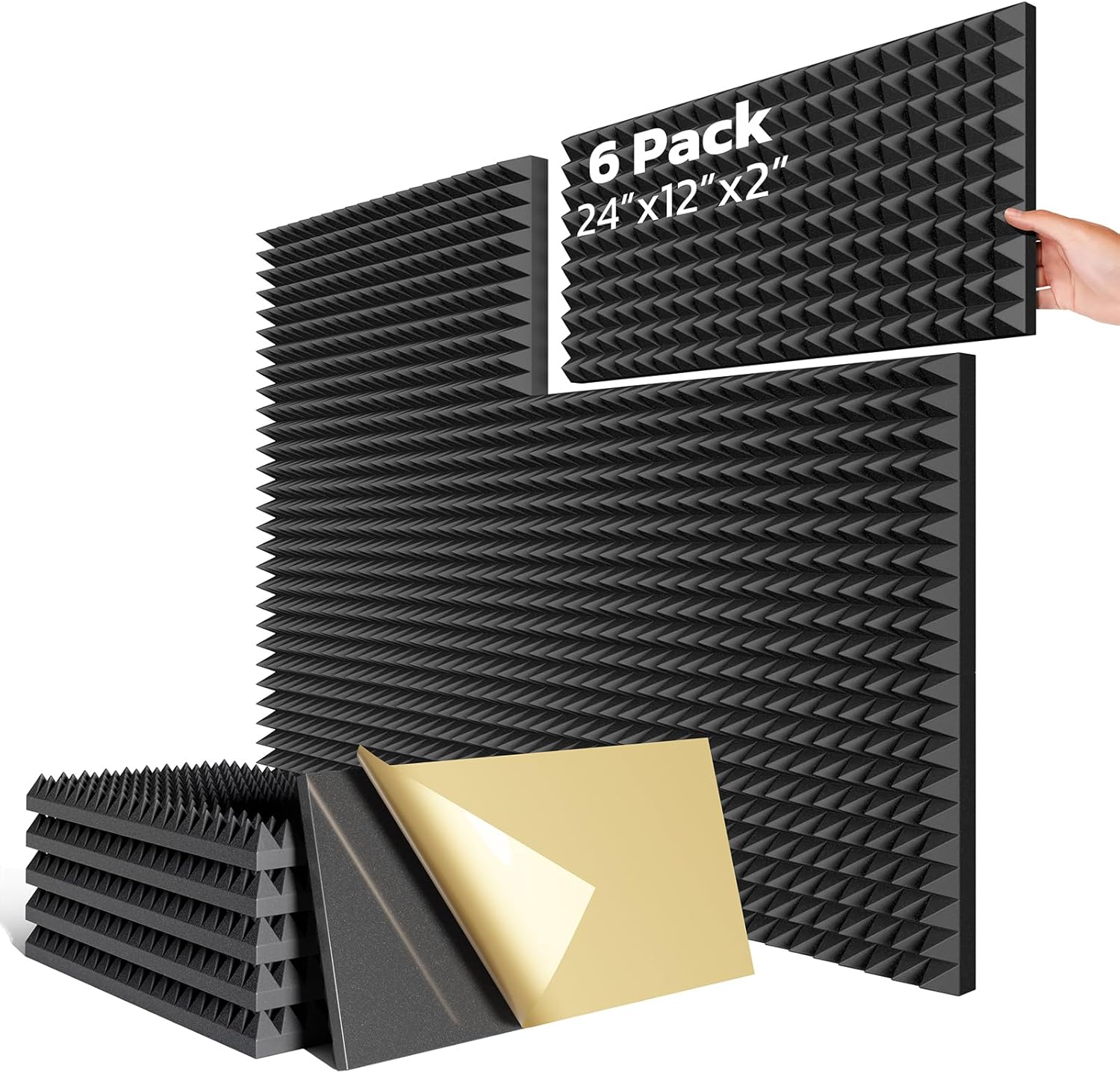HYCHINS Paquete de 6 paneles de espuma piramidales a prueba de sonido para paredes con autoadhesivos, paneles acústicos de alta densidad de 24 x 12