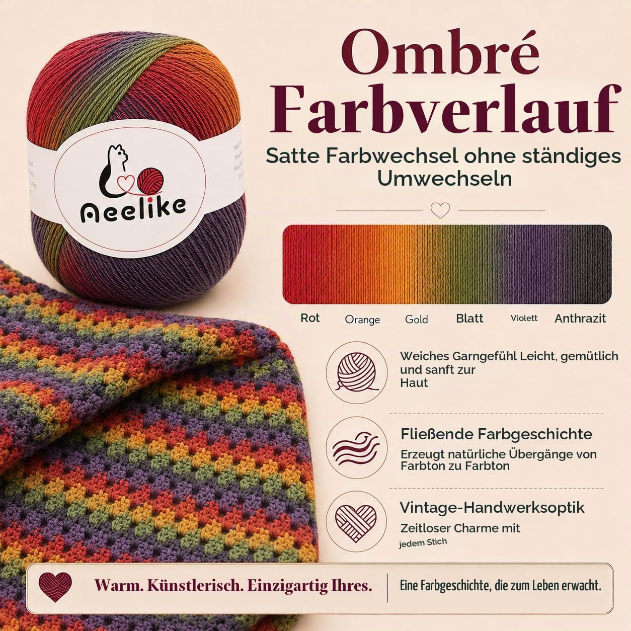 Aeelike Häkel-Decken-Set für Anfänger, Vintage-Regenbogen-Decke, Komplettes Starter-Häkelset mit ausreichend warmem Ombre-Wollgarn, Video-Anleitung, Einfache Häkeln Set für Häkel-Fans