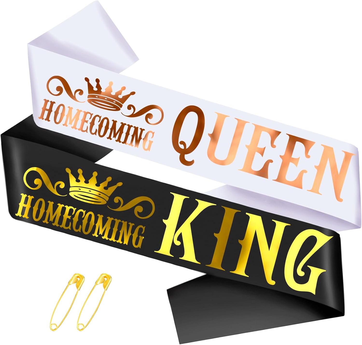 2 Pcs Homecoming King and Queen Sashes With Gold Foil - Funny Party Prom Sash for High School Dance Court (Black + White)