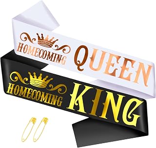 2 Pcs Homecoming King and Queen Sashes With Gold Foil - Funny Party Prom Sash for High School Dance Court (Black + White)