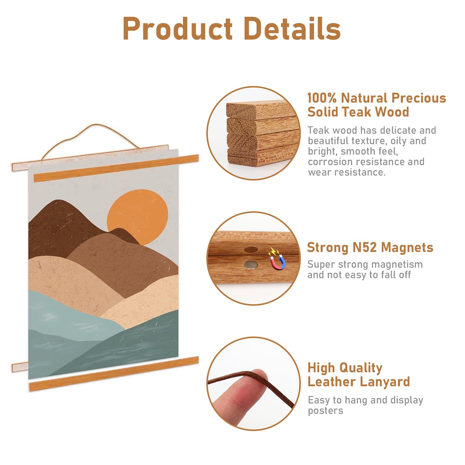 ZOLGINAH 3 Pezzi 31 Cm Supporti per Poster A3, Supporto Magnetico per Poster, Cornice in Legno di Teak per Appendere Poster
