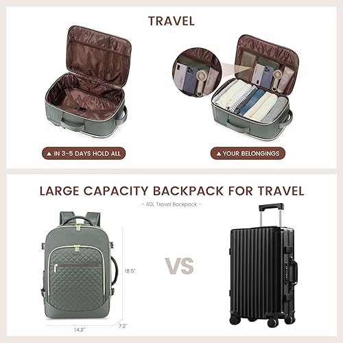 Miniatura 4 de LOVEVOOK Mochila de mano aprobada por vuelo, mochila de viaje para laptop de 35 litros para mujer, mochila grande con 3 cubos de embalaje.., Verde