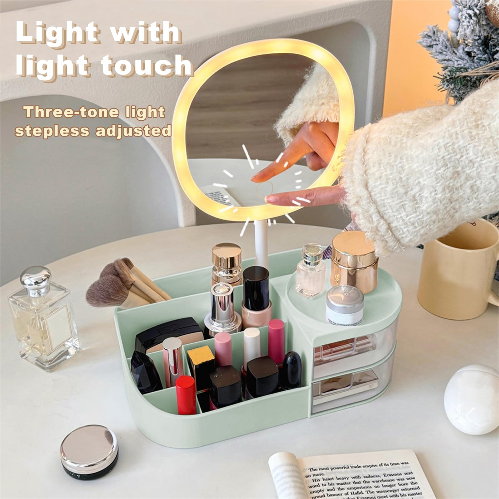 DASITON Makeup Organiser with Rechargeable Mirror, Large Capacity Dressing Table Organiser with 2 Drawers - Image 3