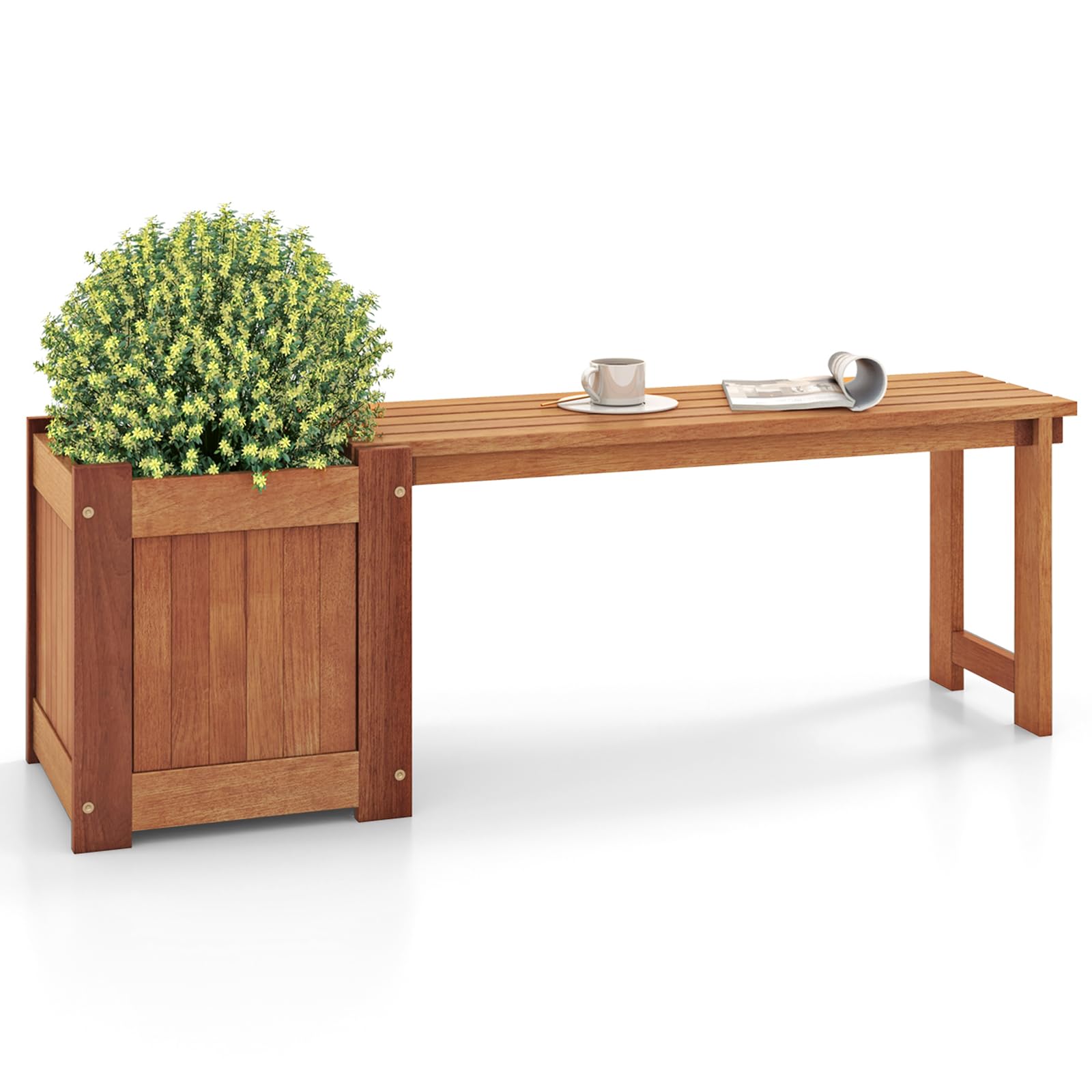 CHEFJOY 2-in-1 Outdoor Planter Box with Bench, Outdoor Bench with Raised Garden Bed, Open-Ended Base Planter Box, Teak Oil Finish Wood Seat, Garden