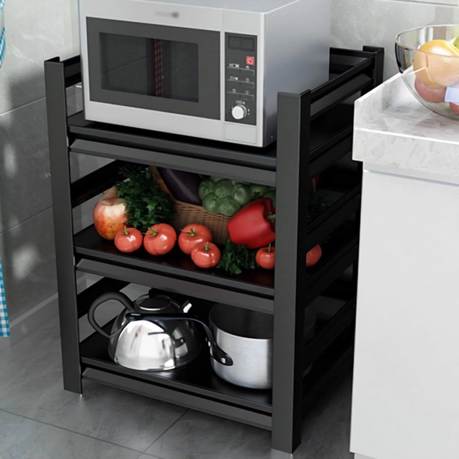 3-Stufiges Mikrowellen Regal, 102kg Metallregal mit Rollen für Garage Küche Büro Bibliothek, Vielseitiger Organizer für Wohnzimmer, 60x40x80 cm