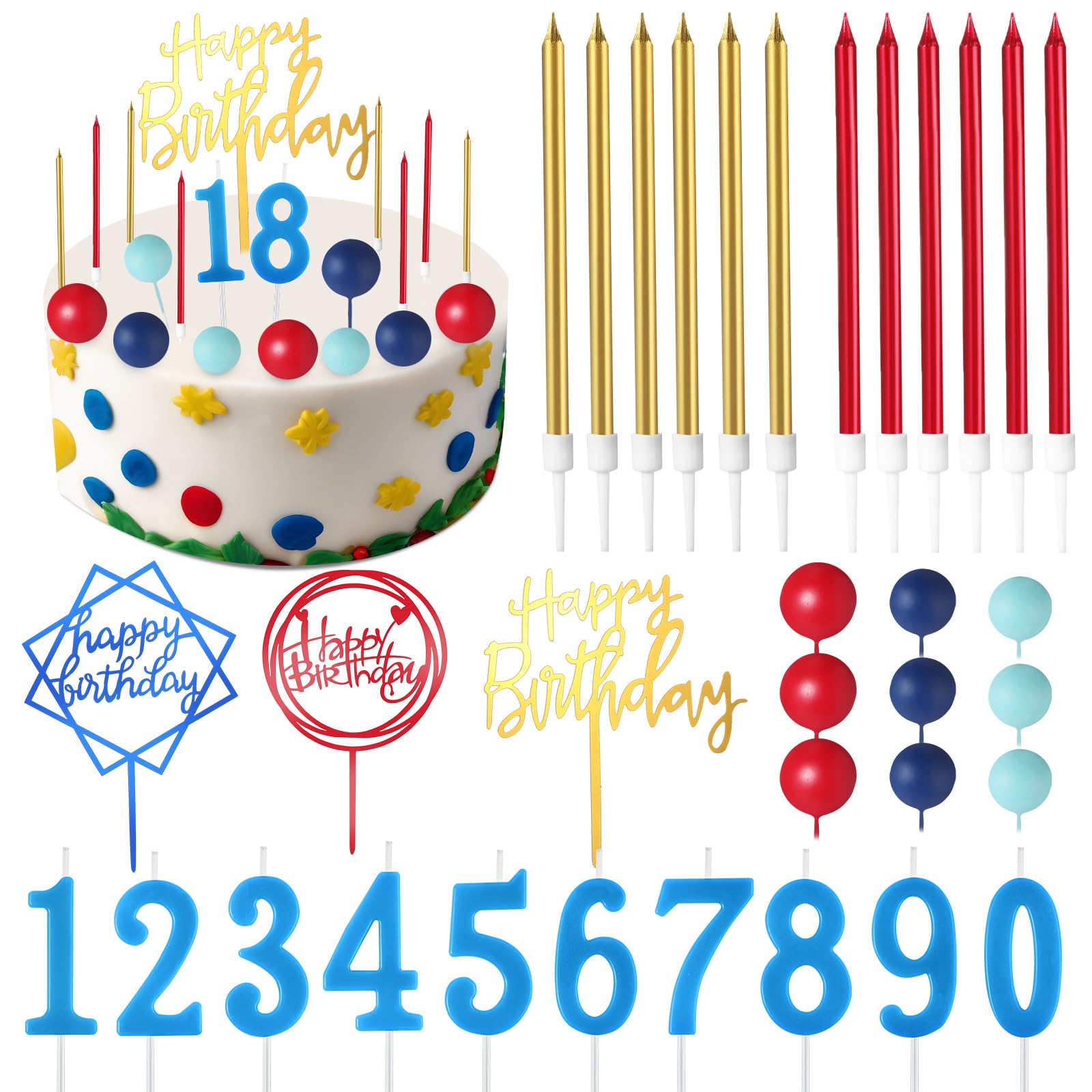 Happy Birthday Cake Toppers - 34 Pcs Candles & Picks -27 Happy Birthday Cake Toppers - 34 Pcs Candles & Picks -27