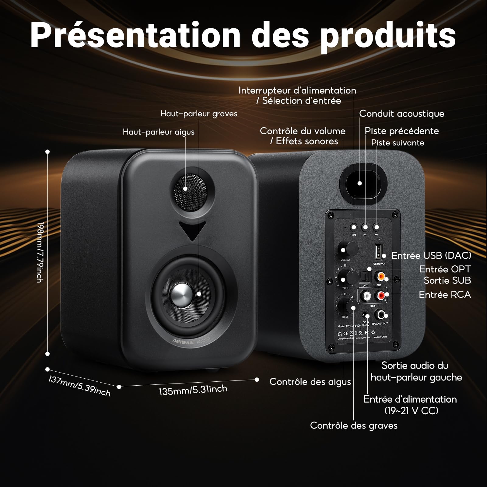 AIYIMA S400 Enceintes Bibliothèque Actives Hi-FI 2.0 Bluetooth 80 W RMS | Bluetooth 5.3, Optique, USB, RCA, Sortie caisson, Graves/Aigus réglables, TV, PC, Home Cinéma