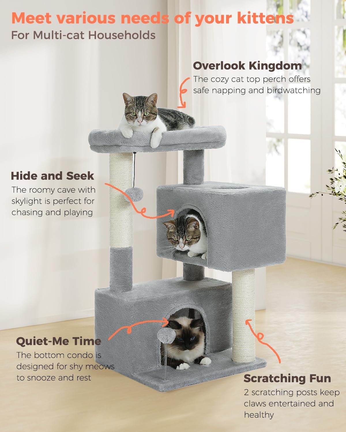 32" Cat Tree Tower for Indoor Cats - 2 Cozy Condos, Multi-Level Cat Scratching Posts with Sisal, Soft Padded Perch, 2 Dangling Toys, Light Grey