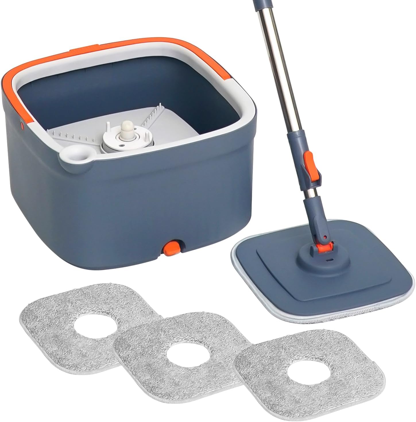Spin Mop and Bucket Set with 3 Replaceable Microfiber Mop Pads, Self-Separating Clean and Dirty Water System, Self-Wringing 360° Rotating Square Mop Head for Hardwood, Tile, and Marble Floors