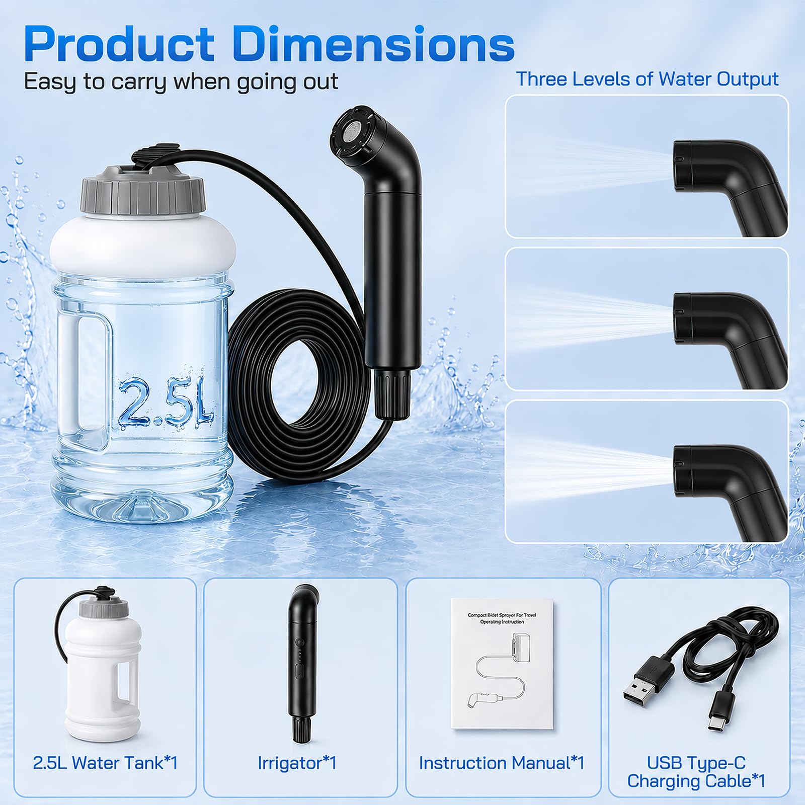 Bidet Elettrico Portatile, 2,5 L Flacone Lgiene Perineale Viaggi e Campeggio 3 Modalità Flusso Indicatore Batteria Dispositivo Lavaggio Perineale Manuale Ricaricabile per Lgiene Intima Cura Post-parto