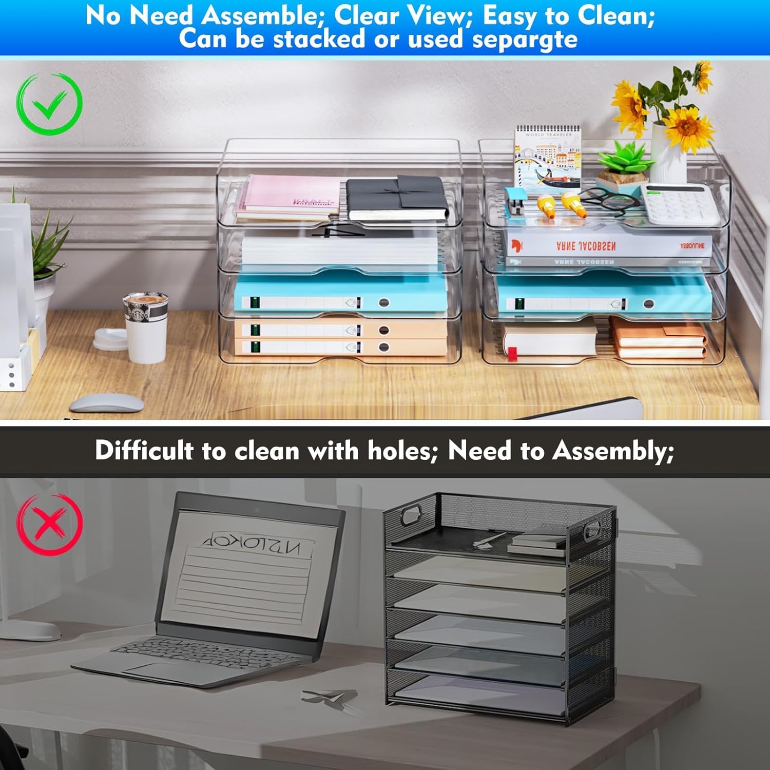 LATERN 4 Stück Papier Organizer Briefablagen, Acryl Stapelbare A4-Papierablage Transparenter Dokumentenhalter Schreibtisch Organizer für Bücher Notizen Papier Zuhause Büro Schule Organisieren
