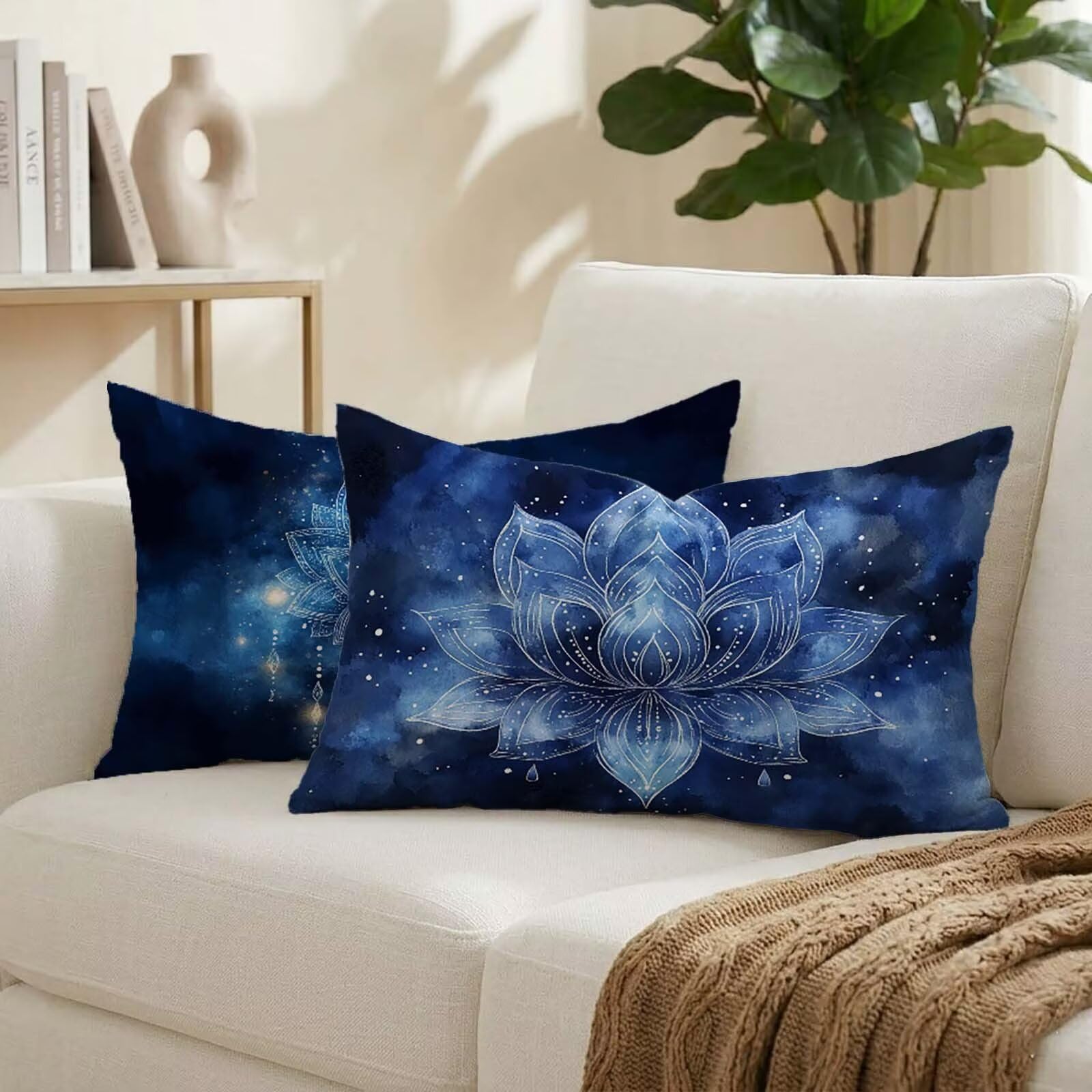 Coussin extérieur imperméable 50x80 cm bleu en velours déperlant anti-taches lot de 2