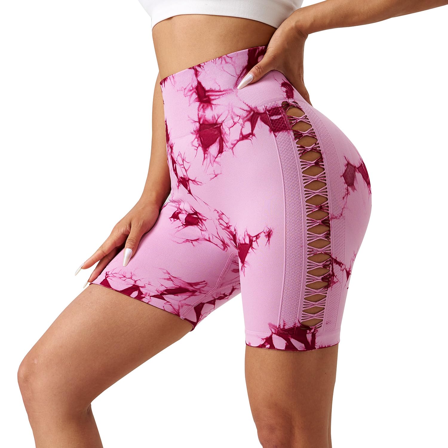 Aeghmry Women High WAIS Workout Shorts Scrunch Butt Lifting Gym Shorts Tie Dye Seamless Biker Yoga Shorts (US, Alpha, Large, Regular, Regular, Pink)