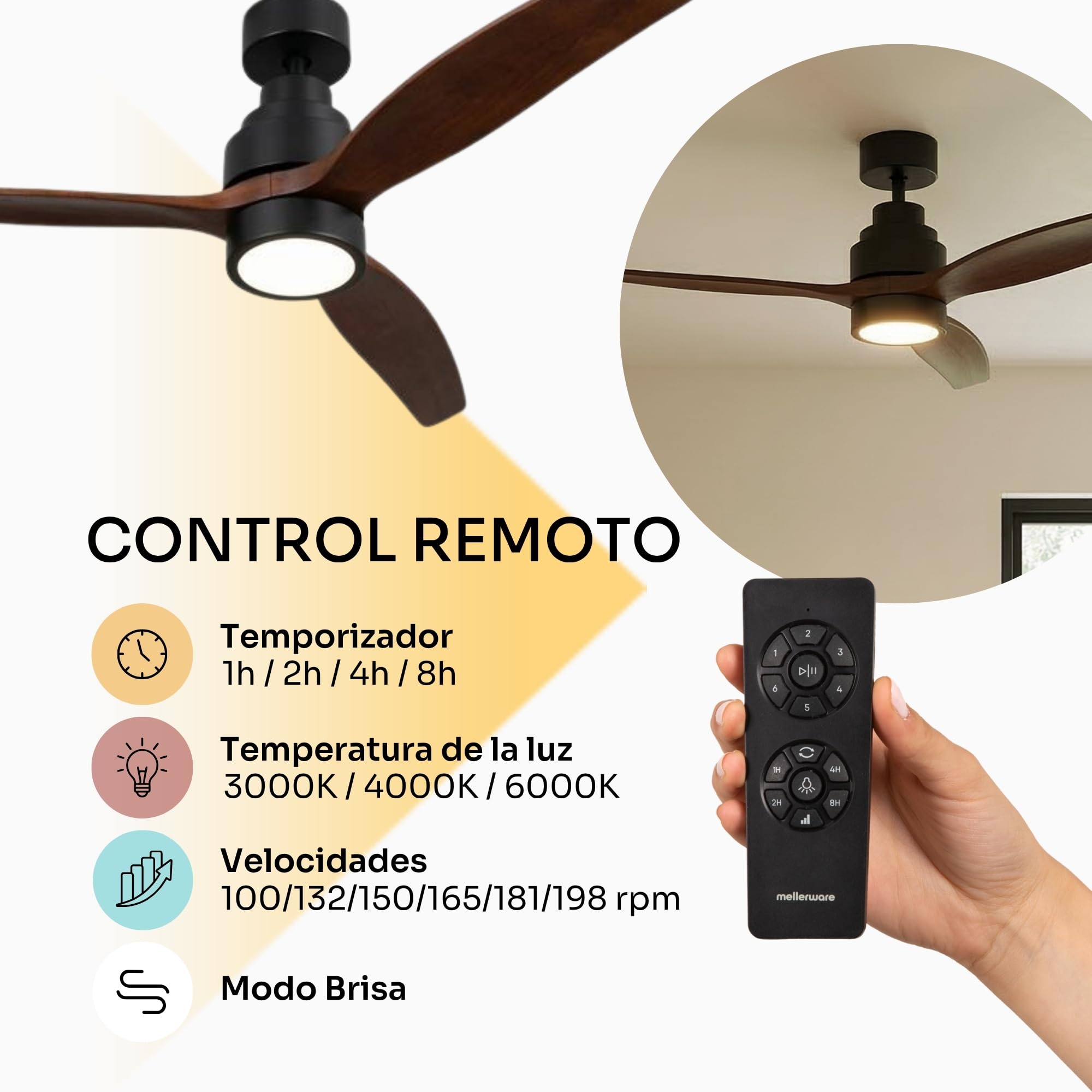 Mellerware - Ventilador de Techo Led con Mando a Distancia Brizy! | 30 W | 6 Velocidades | Ultra silencioso | Función Verano-Invierno | Temporizador | 3 Aspas | 132 de Diámetro | Motor DC | Dark Wood