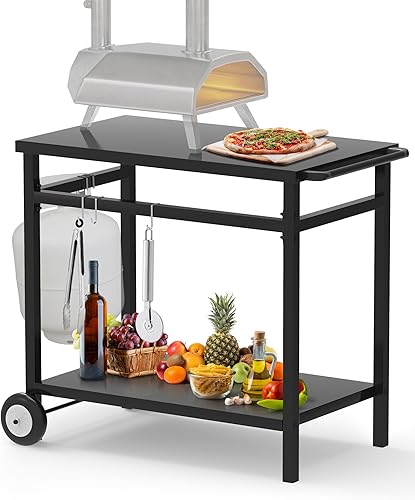 IBB Mesa de carrito de comedor, carrito de parrilla al aire libre con doble estante, mesa de comedor móvil para horno de pizza, carrito de parrilla
