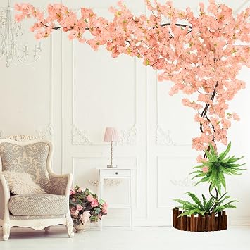 Artificial Cherry Blossom Tree with LED Light, Fake Tree Cherry Blossom Tree Artificial Champagne Pink Sakura Tree for Party, Wedding, Office, Home Decor, Indoor & Outdoor 4 x 6.5ft Vine - by TTDMK