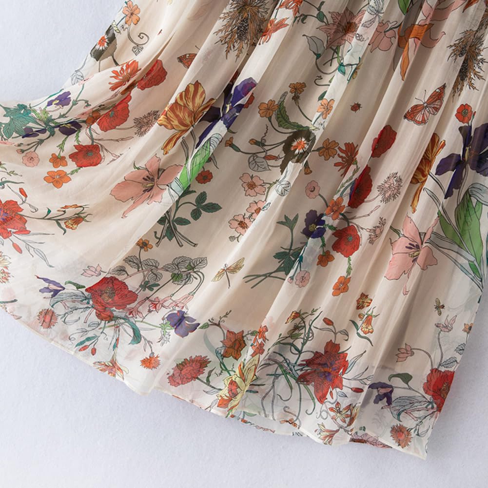 DISSA Jupe midi Soie Femme Taille élastique Fleurie,S2010-1