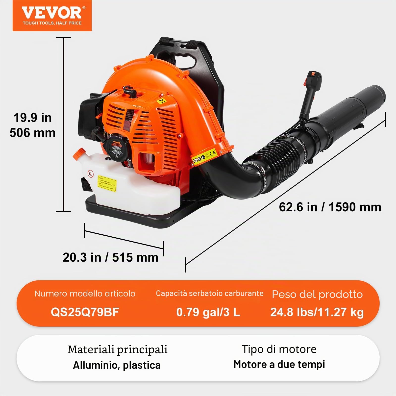 VEVOR Soffiatore per Foglie a Gas, 79CC, Spazzaneve a Zaino a 2 Tempi, con Serbatoio Carburante da 3 Litri, Volume d'Aria 930 CFM per Cura del Prato, Pulizia delle Foglie, Rimozione Neve