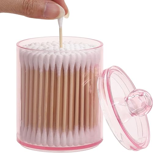Miniatura 3 de Tbestmax Contenedor de baño Qtips de 12 onzas, paquete de 4 tarros de boticario con tapas, organizador dispensador de bolas de algodón rosadohisopos