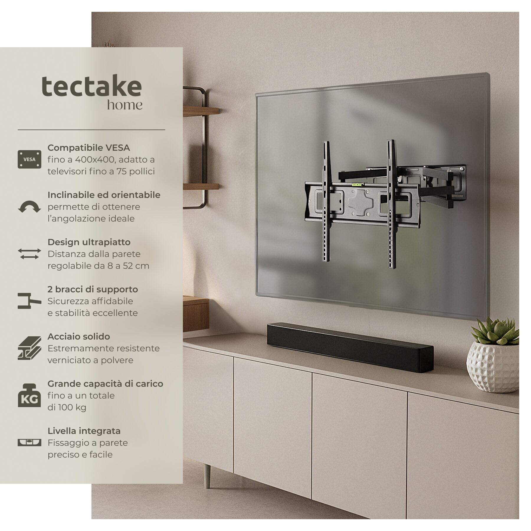 tectake® Supporto TV Parete Universale, Staffa Televisione Inclinabile e Girevole Adatto da 26"-75" pollici, braccio monitor per TV 40 pollici, Supporto Televisore VESA da 400x400, Carico Max 100kg