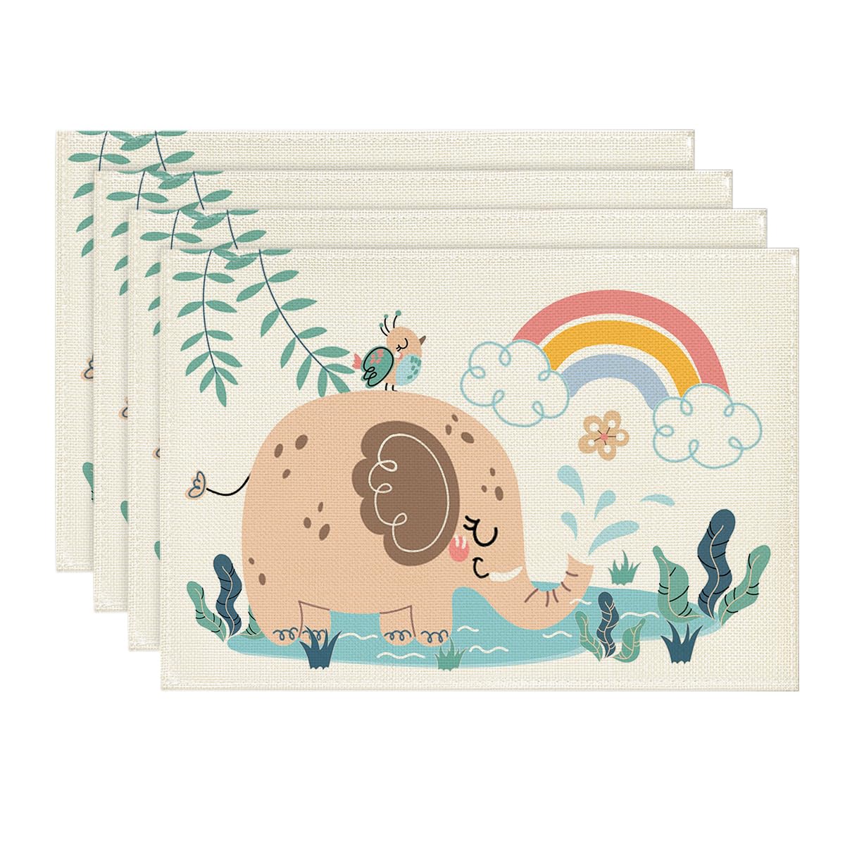 Artoid Mode Juego de 4 manteles individuales lavables, 30 x 45 cm, diseño infantil de selva con elefante y arcoíris, para cocina, fiestas y decoración