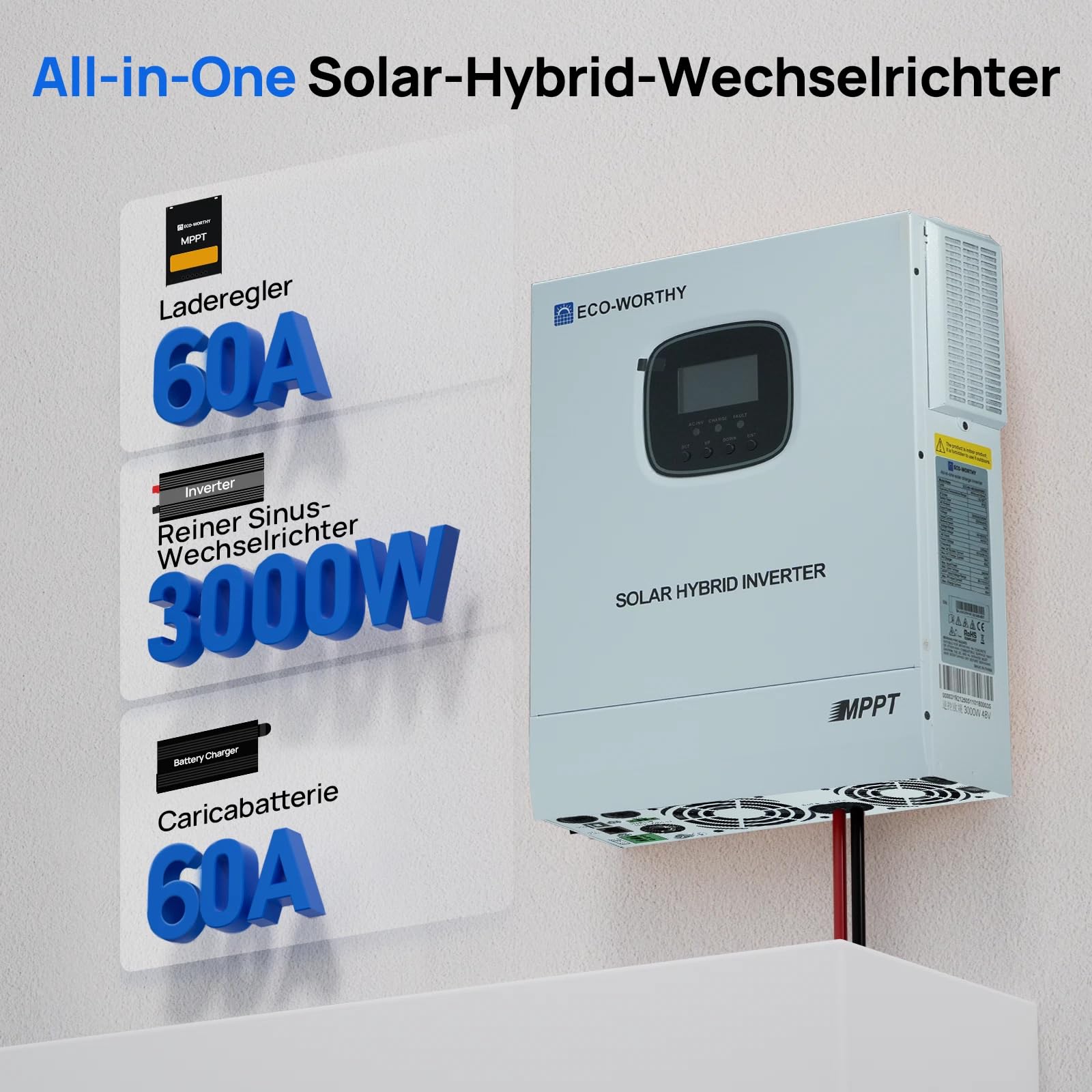 ECO-WORTHY 48V 3000W Hybrid Wechselrichter Reiner Sinus+ MPPT 60A DC zu 220V/230V AC Solarladeregler für Netzunabhängiger Wohnmobil Haushalt komplett Solaranlage
