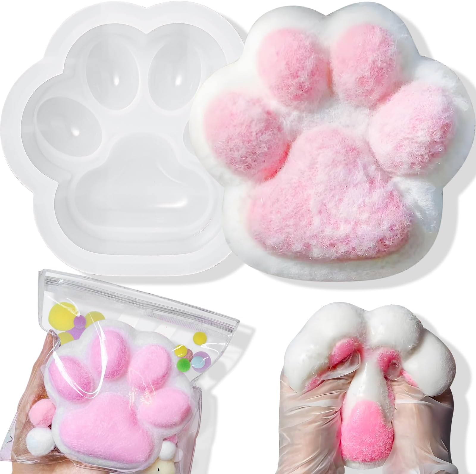 BABORUI Taba Squishy Making Kit - 4.7" Large Cat Paw Silicone Mold for Cat Paw Squishy Jumbo + Flocking + Cute Ball, DIY Fufu Squishy Making Kit for Squishy Fidget Toys