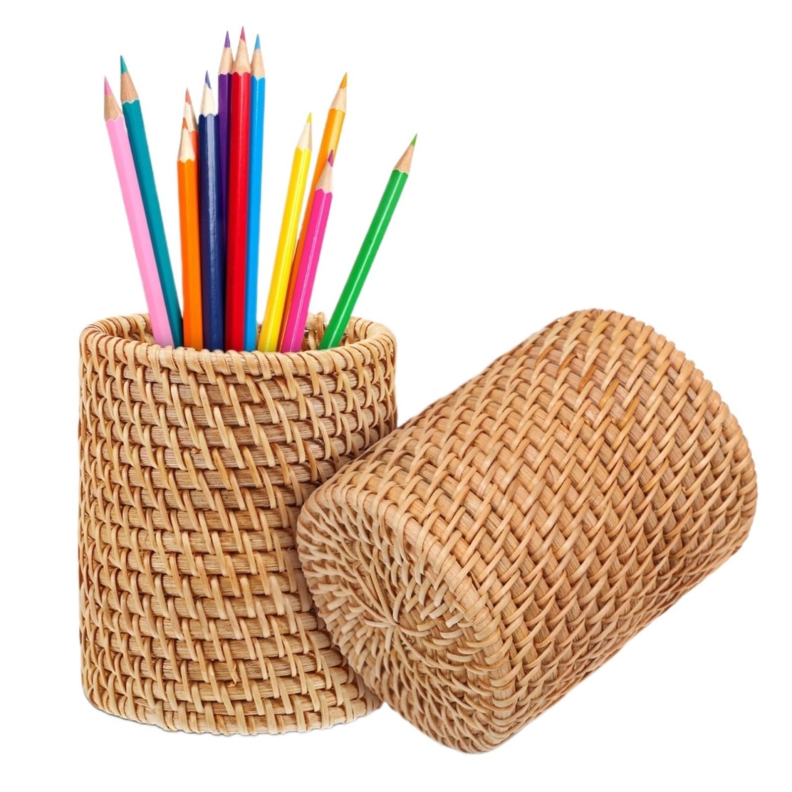 ZNJAMN 2Pcs Natural Wood Woven Pen Holder Exquisite Craftsmanship Multi Purpose Desktop Organizer For Pens Pencils Cutlery Art Supplies for pens