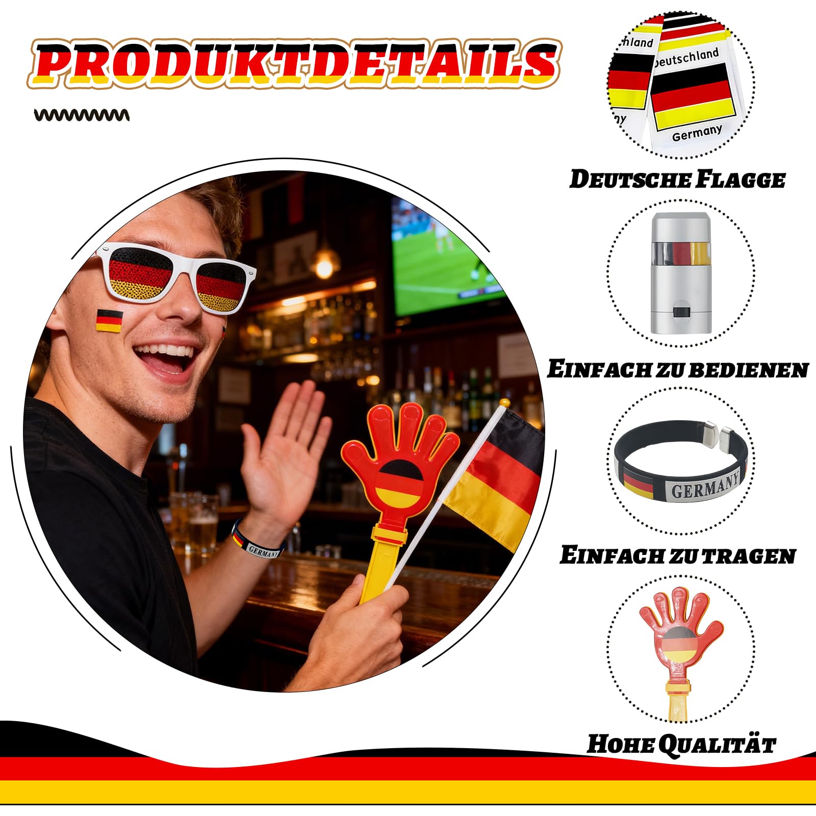Deutschland Fanartikel Set - Schal & Brille für Fußball DFB Fans, Typisch Deutsche Geschenke für Herren & Damen, Nationale Deko Accessoires für Stadion & Public Viewing Party fussball wm 2026 - 4