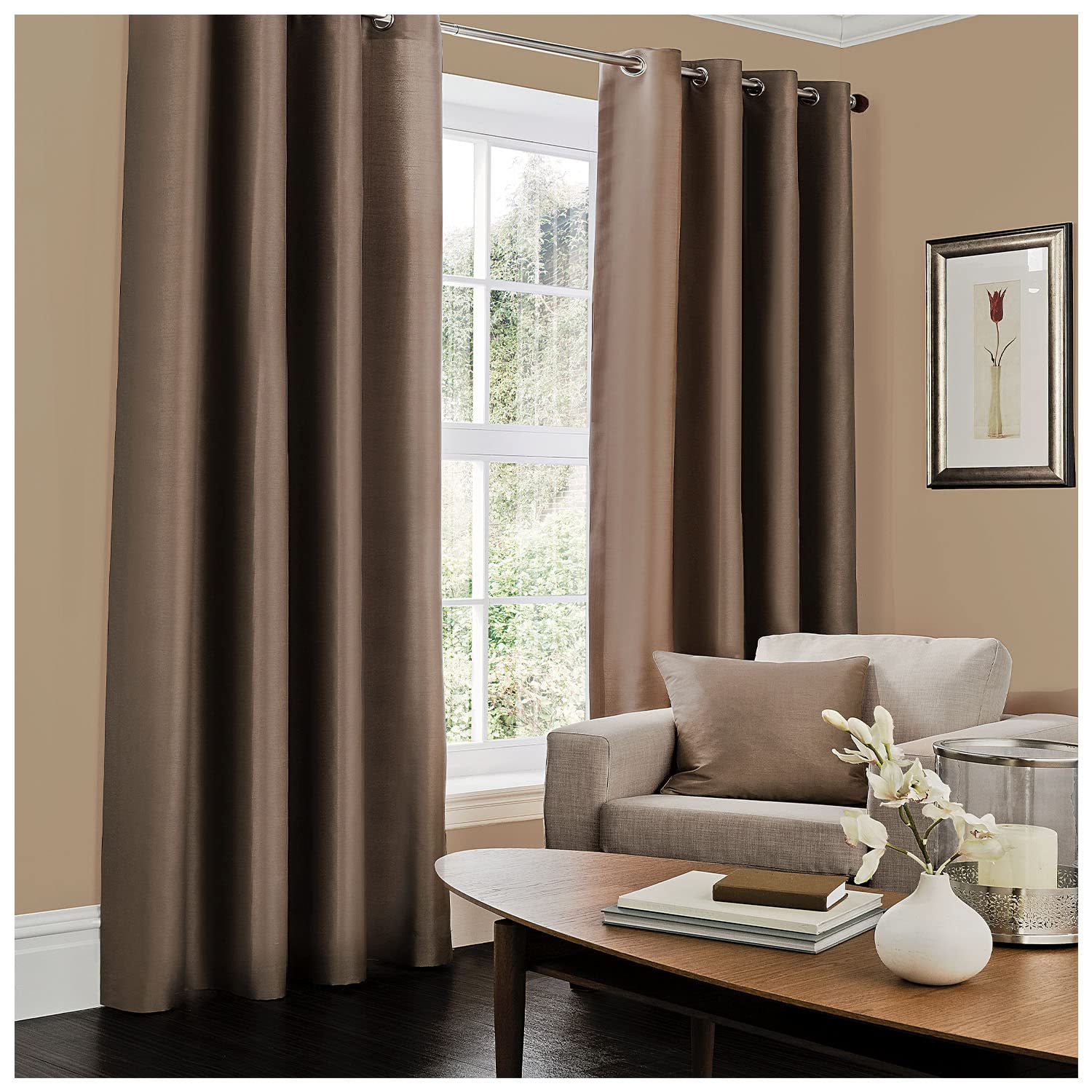Gaveno Cavailia Luxury Fully Lined Plain FAUX SILK EYELET CURTAINS With Tie Backs Brown 66x90 Inches