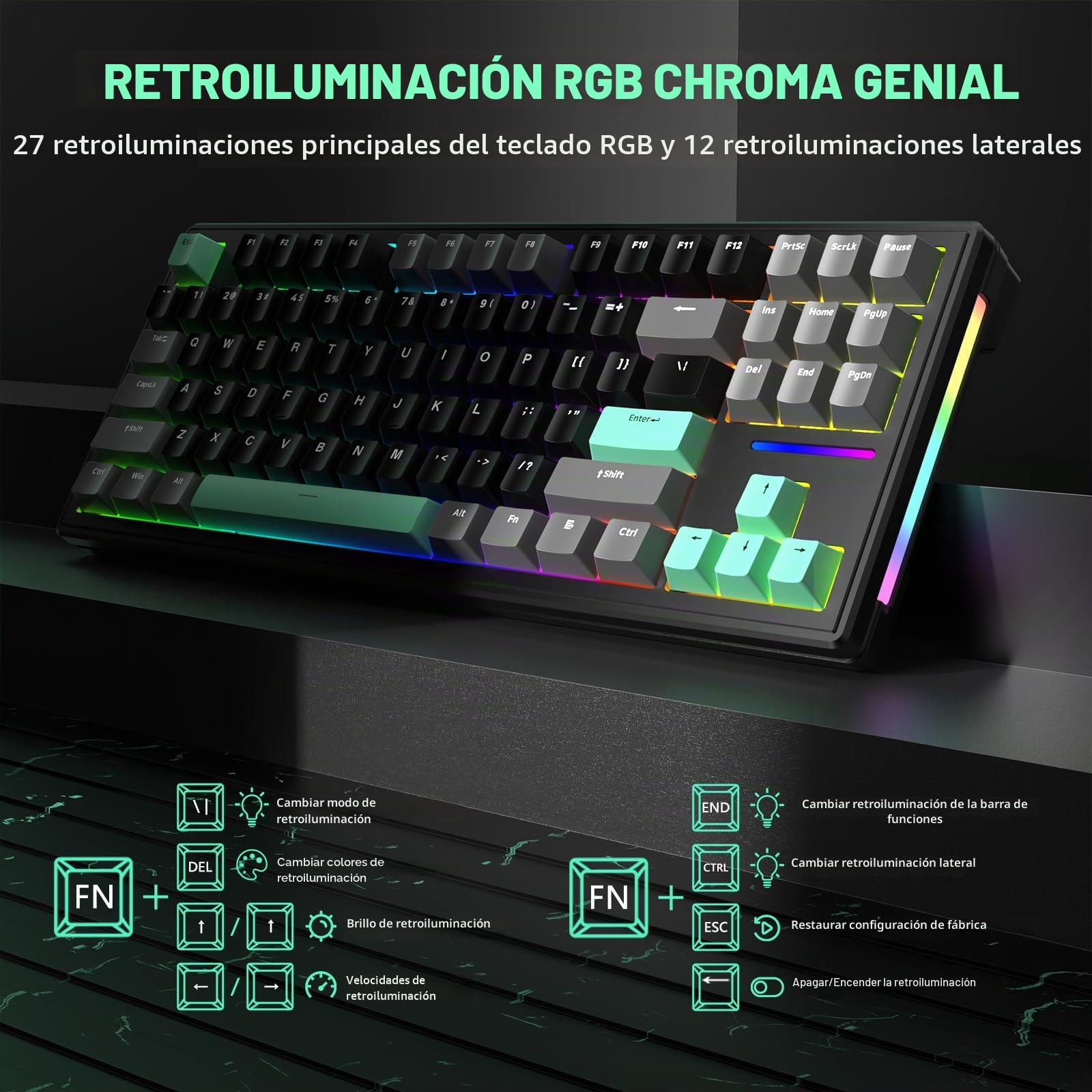 ATTACK SHARK M87 TKL Teclado mecánico inalámbrico para juegos, Bluetooth 5.0/2.4G/USB-C, interruptores blancos reemplazables en caliente, teclado RGB 80% americano, con cable en espiral para PC Mac
