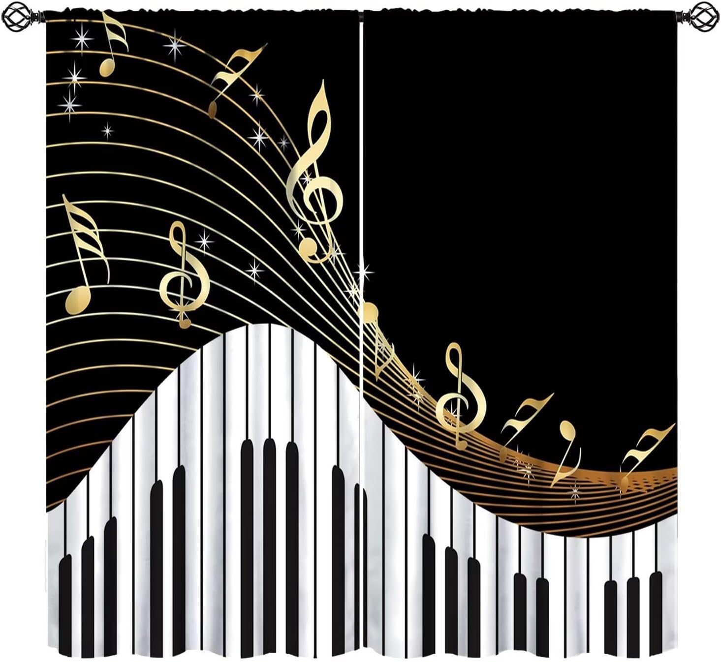 Music Window Curtains,Black Golden Abstract Music Notes Modern Music Art Theme Pattern Print Bedroom Living Room Rod Pocket Window Drapes 2 Panels W42xL63 Inch Blackout