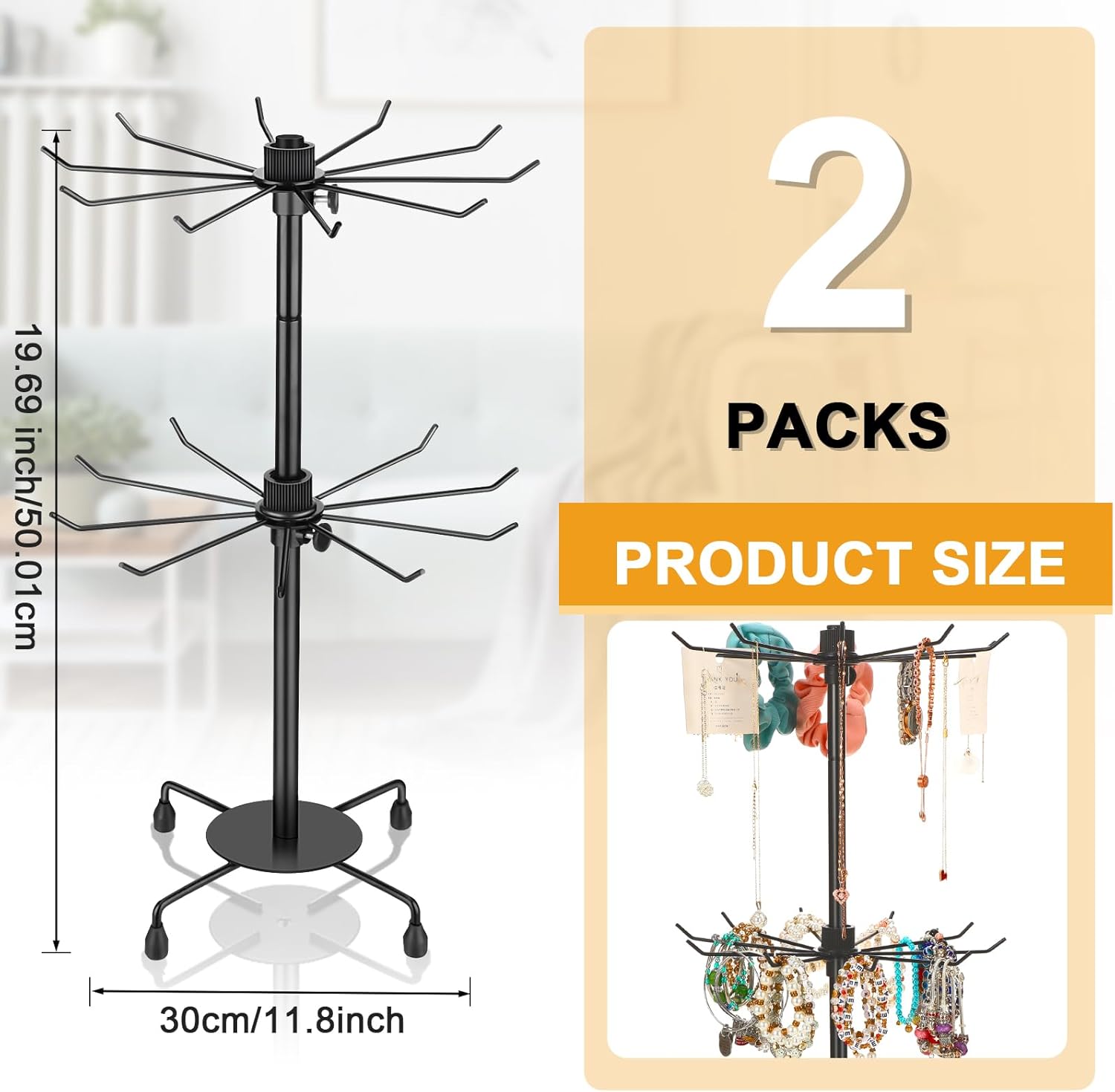 2 Pcs 2 Tier Rotating Necklace Display Stand Adjustable Jewelry Rack Keychain Holder for Vendor (Black)