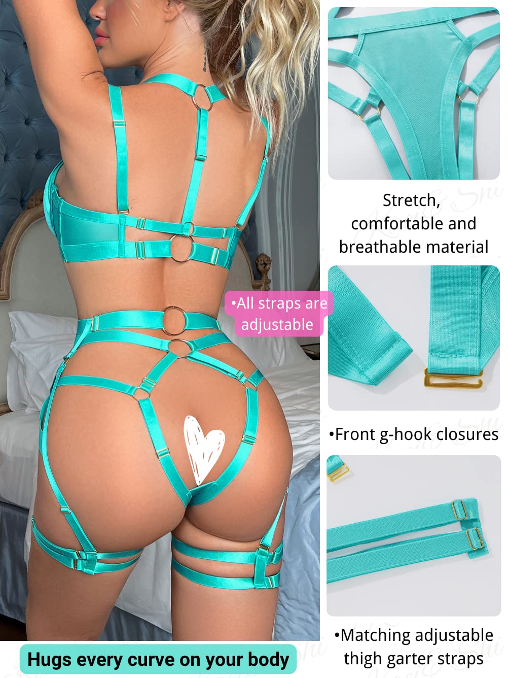 Kaei&Shi Garter Belt Thong Lingerie For Women,Strappy Hollow Out Underwire Racerback Sexy Lingerie,Harness Garter Leg Strap Matching 4 Piece Lingerie Set Boudoir Light Teal X-Large