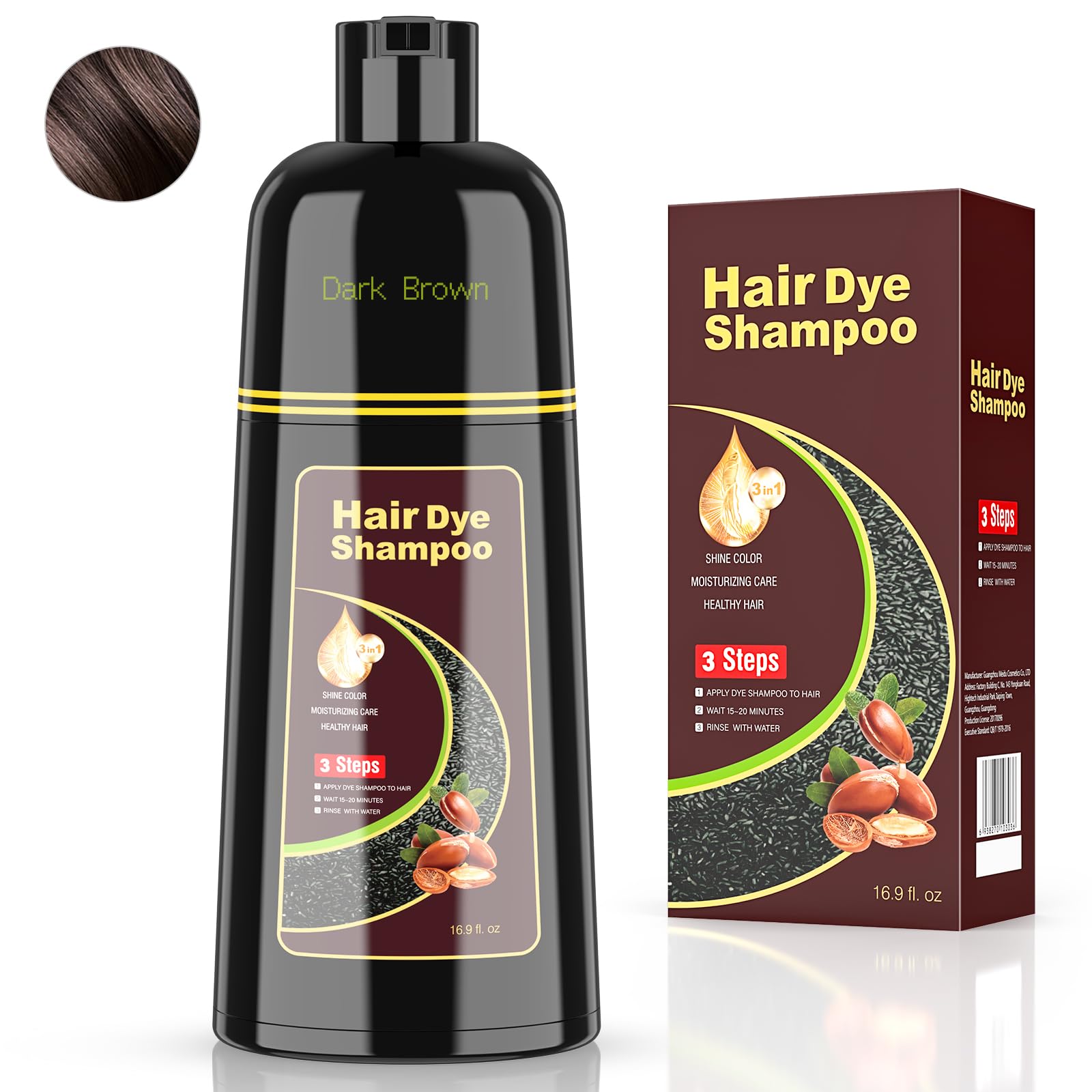 Dark Brown Hair Dye Shampoo for Woman & Man, Argan Hair Color Shampoo 3 in 1, Semi-Permanent Gray Hair Coverage, Mild Formula, Lasts 30 Days(16.90 oz)