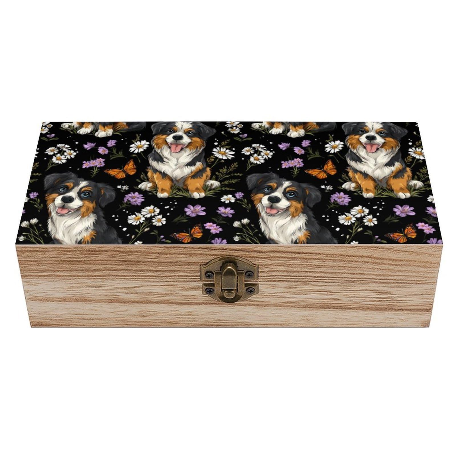 HLBSDM Australian Shepherd Wooden Box with Hinged Lid Decorative Storage Case Container