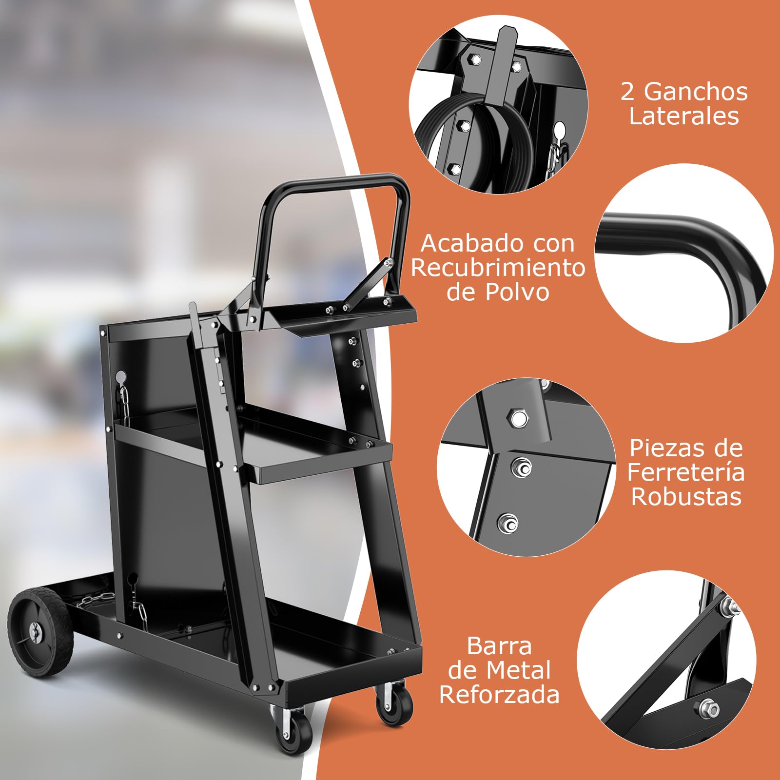 GOPLUS Servante d’Atelier à 3 Niveaux avec 2 Chaîne de Sécurité, Roue Pivotante 360°, Chariot de Soudage Robuste avec 2 Crochets Latéraux, Charge de 50 kg, pour Machine de Soudure et Découpeur Plasma