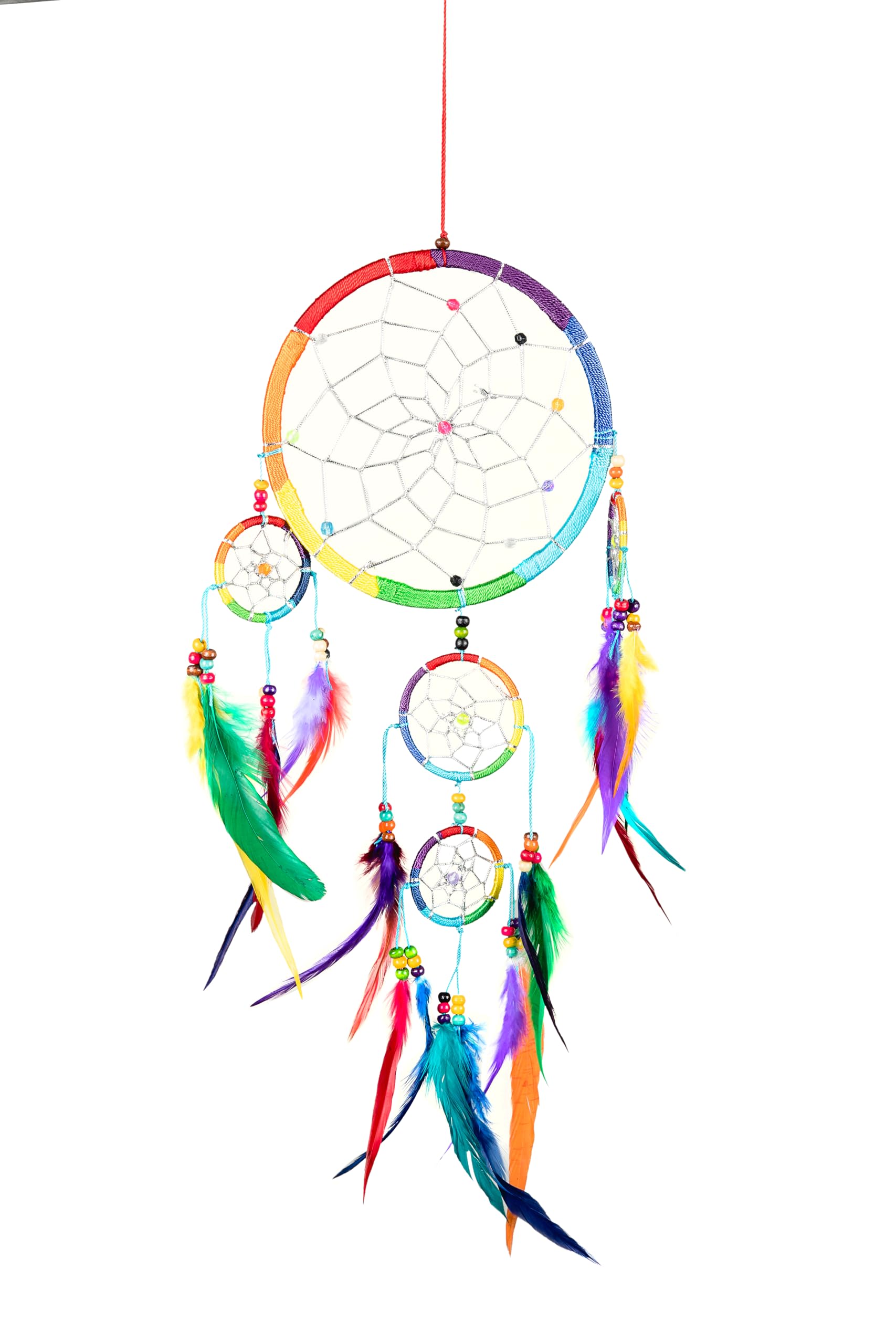 OMA Dream Catcher - Hand Made Traditional Multi Color Chakra Rainbow Dream Catcher with Tie Dye Feathers & Beads Dreamcatcher - 7